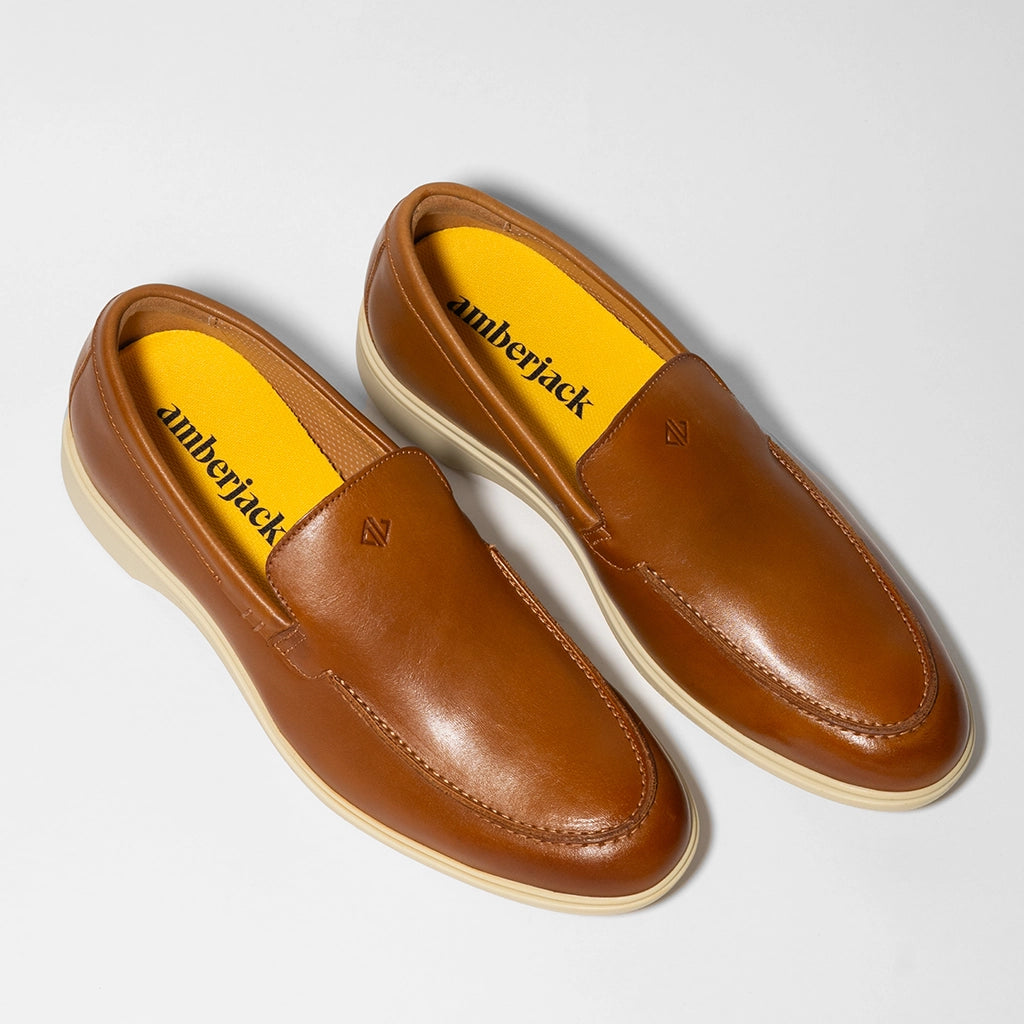 Premium Genuine Leather Loafer Shoes for Men - Honey & Cream Color - Comfortable Slip-On Casual Dress Shoes for Office, Business & Everyday Wear