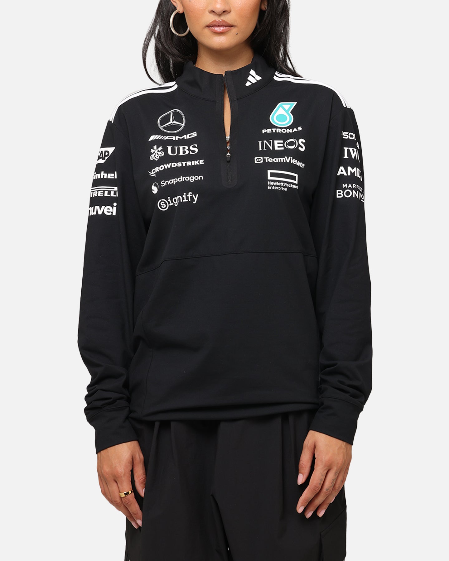 Adidas x Mercedes AMG Petronas F1 2025 Team Quarter Zip Jacket - Black & White - Men's Racing Jacket for Formula One Fans & Motorsport Enthusiasts