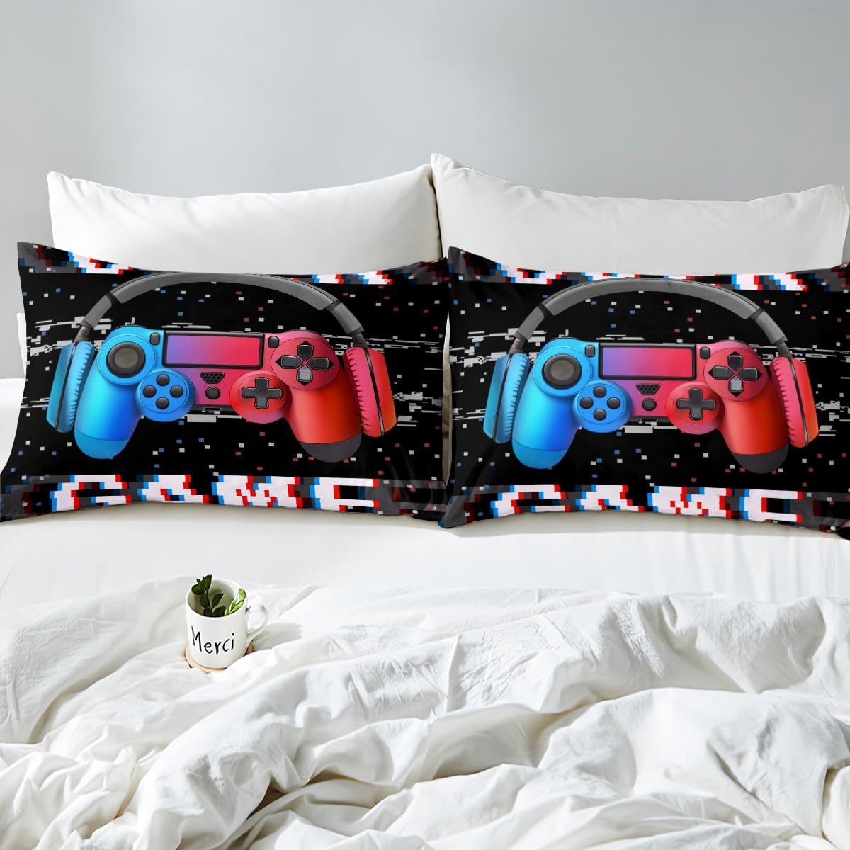 3D Gaming Bedding Set for Teens - Video Game Themed Duvet Cover with Headset & Controller Design, Boys Music Comforter/Quilt Set, King Size Red Blue - Perfect for Gamer Bedroom Decor & Sleepovers