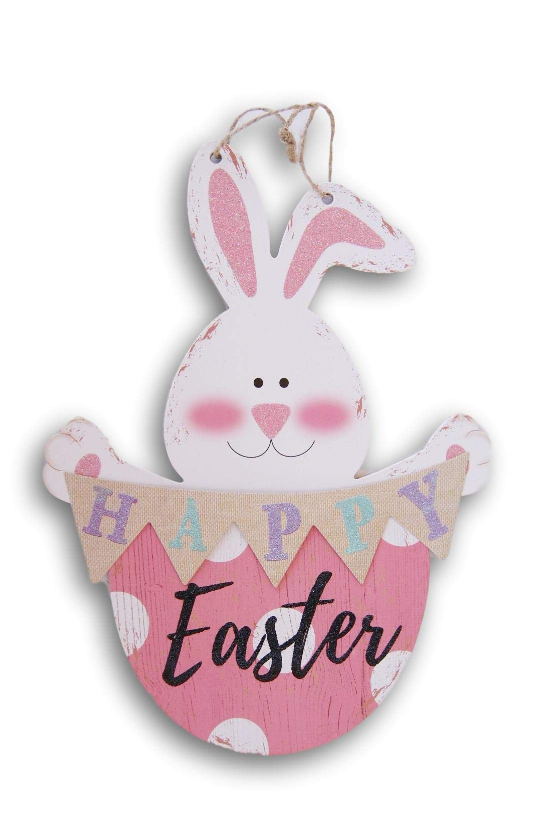 Happy Easter Bunny Decor Sign - 11x15 Inch Glitter Hanging Decor for Spring