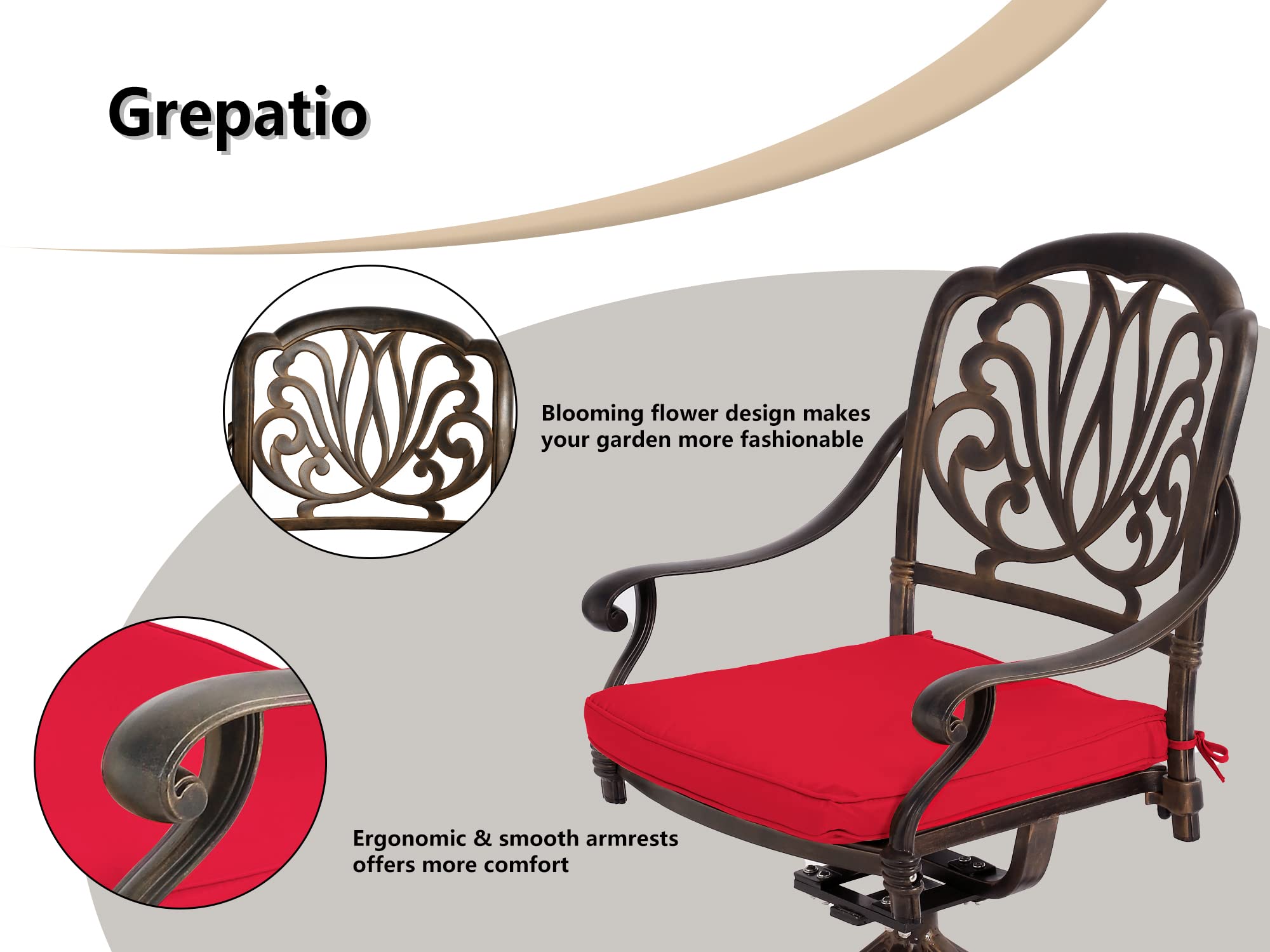 **Grepatio 5-Piece Outdoor Dining Set - Cast Aluminum Patio Table & 4 Swivel Chairs with Cushions, 1 Umbrella - Red Round Garden Furniture for Lawn, Backyard, Deck & Poolside Dining**