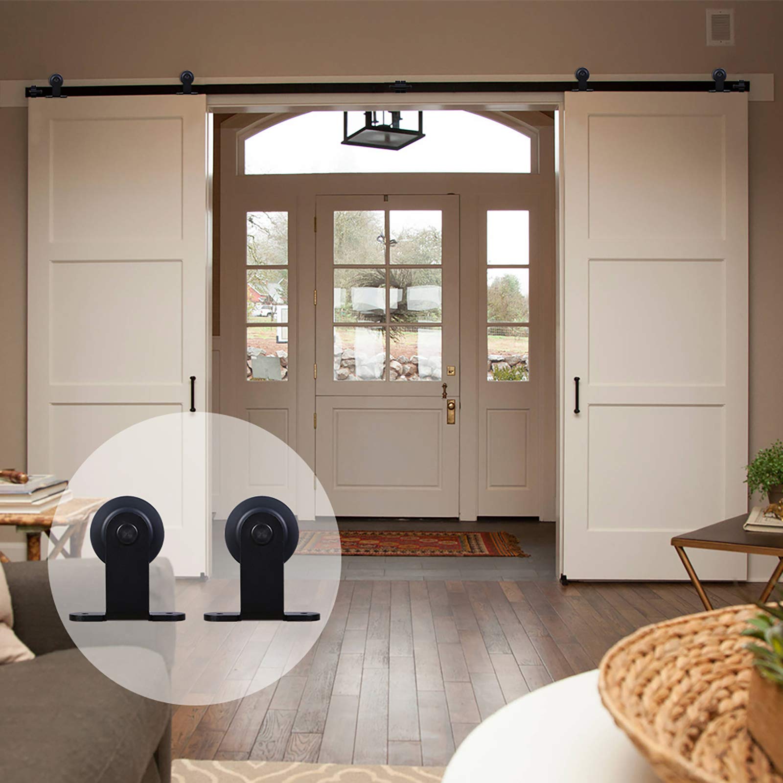 7FT Heavy Duty Sliding Barn Door Hardware Kit - T-Shaped Track for Double Doors - Black Finish - Perfect for Bedroom, Closet & Farmhouse Style Homes