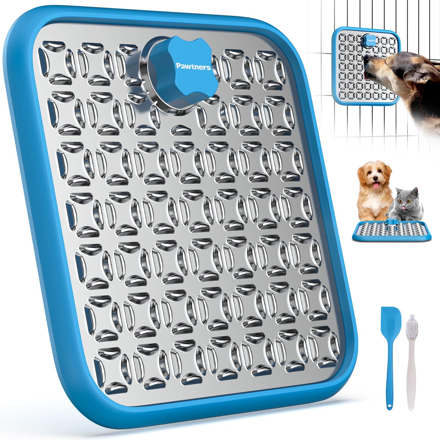 Premium Stainless Steel Lick Mat for Dogs & Cats - Large Slow Feeder Mat for Small to Large Pets, Anxiety Relief & Boredom Buster for Crates - Includes Spatula & Scrubbing Brush - Perfect for Mealtime Enrichment, Training Rewards & Stress Relief