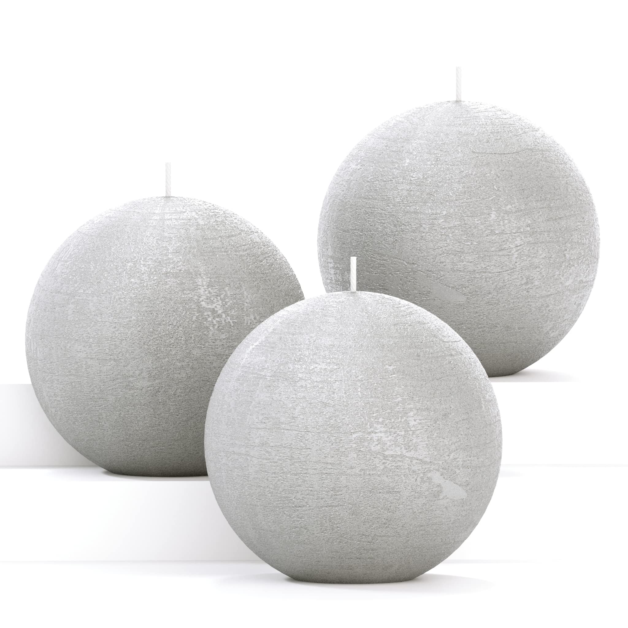 3-Pack CANDWAX 3-Inch Round Silver Unscented Candles - Long Burning Decorative Ball Candles for Wedding, Romantic Decor & Home Ambiance