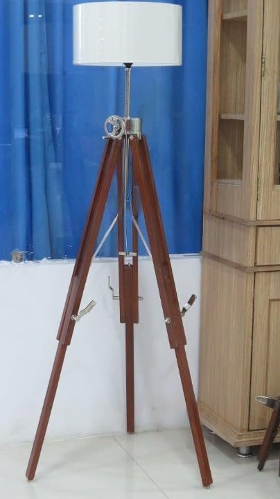 NauticalMart Al-Nurayn Brand Surveyor Unique Wooden Tripod Floor Lamp - Vintage Style Adjustable Height Standing Light for Living Room, Bedroom & Office Decor