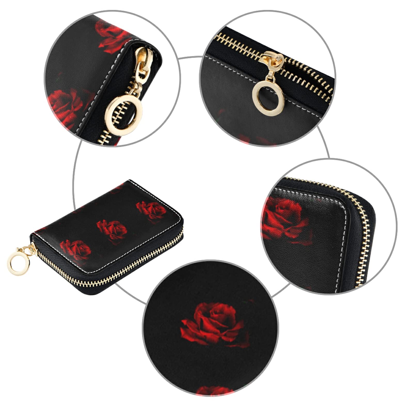 RFID Blocking Leather Card Holder for Women - Compact Grey Credit Card Wallet with Zipper Pouch & Key Organizer (Rose Petal Design on Black Background) - Perfect for Travel, Shopping, and Everyday Essentials