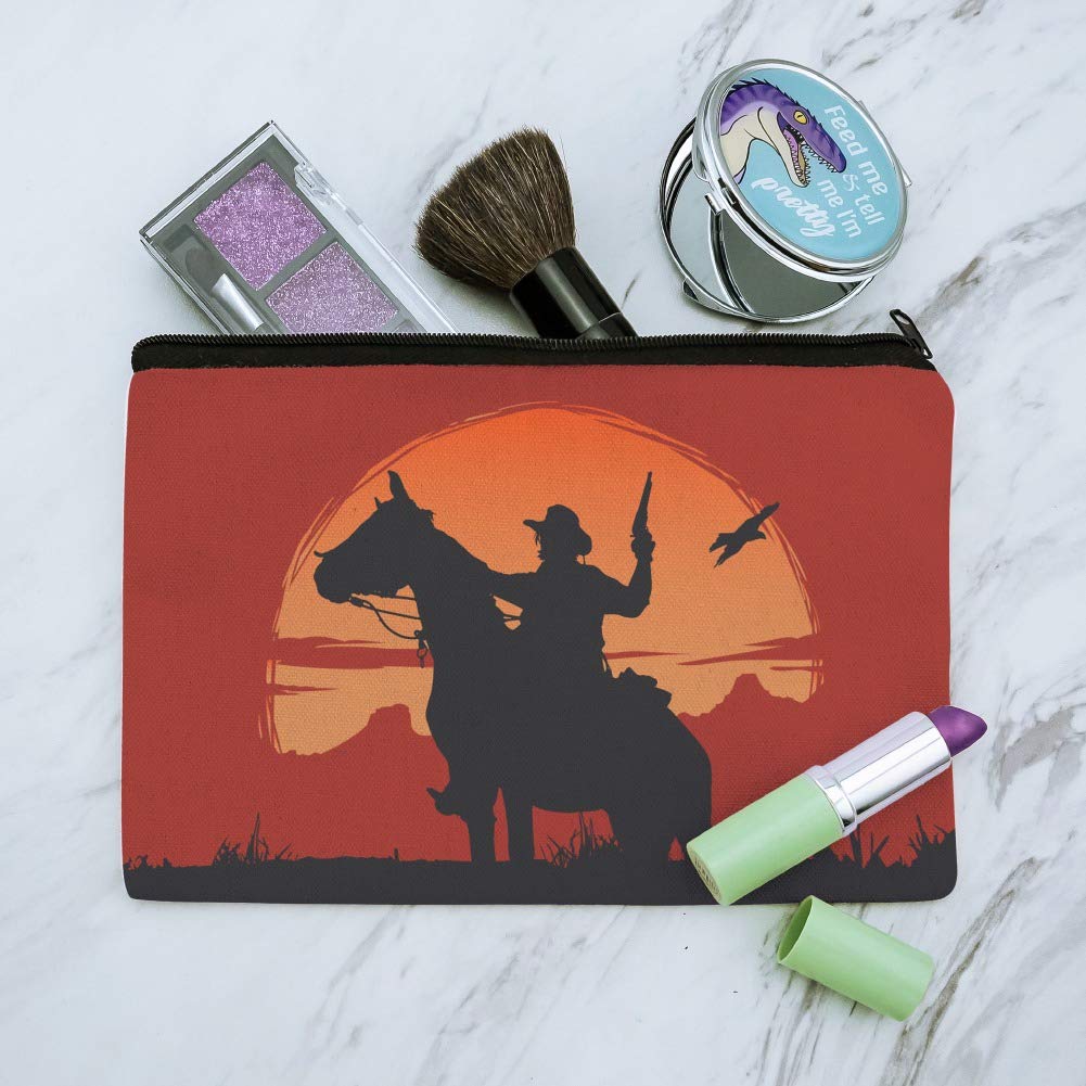 Cowboy on Horse with Red Sunset & Gun Print Cosmetic Bag - Travel Makeup Organizer Pouch for Women | Perfect for Travel, Gym & Daily Essentials Storage