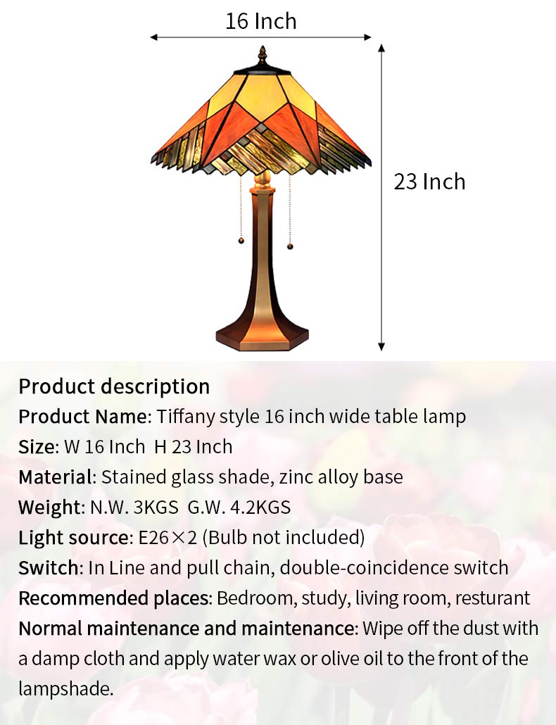 HT Tiffany Style Stained Glass Table Lamp - 16 Inch Hexagon Shade in Red & Yellow, Aluminum Alloy Base - Elegant Home Decor for Bedroom, Office, Coffee Bar & Study Room