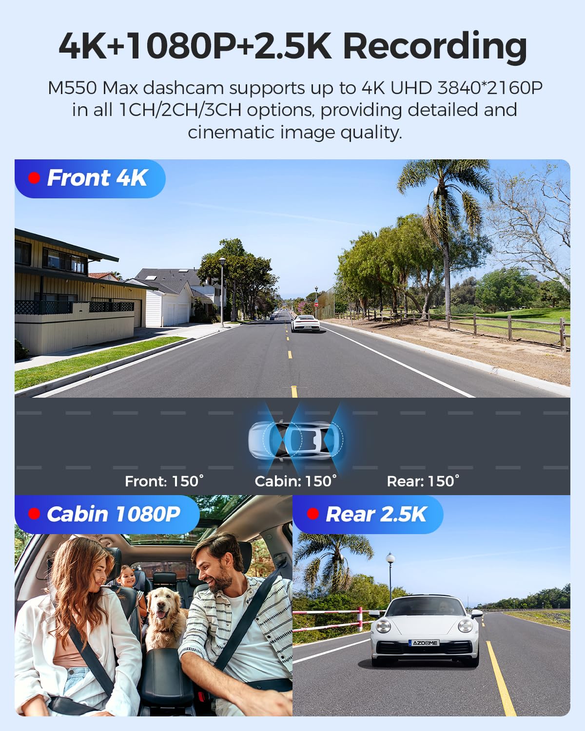 AZDOME 4K Triple Dash Camera with Front, Rear & Interior View - 4K+1080P+2.5K Resolution, WiFi GPS, 3.19
