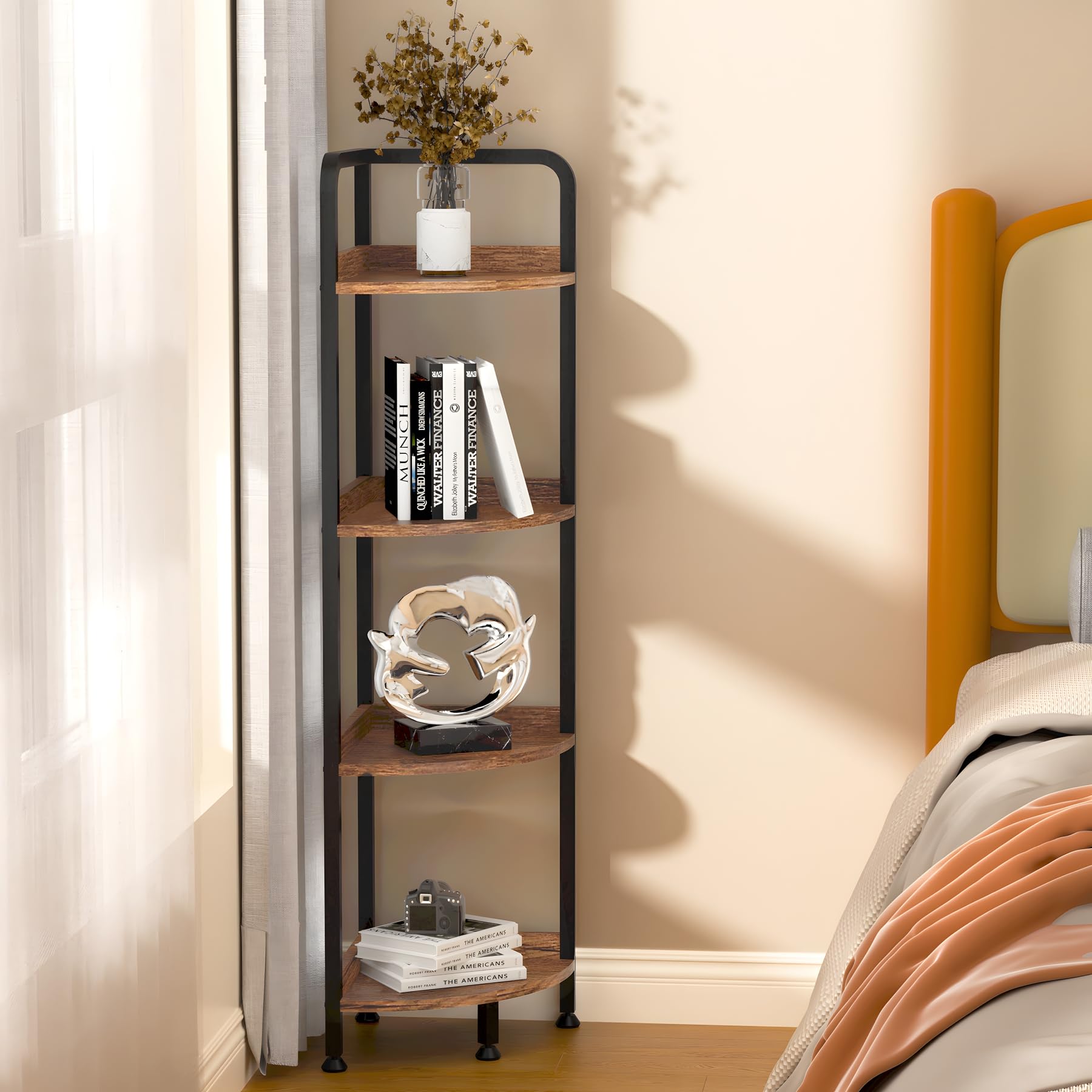 4-Tier Corner Shelf Stand - Rustic Brown Metal Frame Multi-Purpose Display & Storage Unit for Books, Plants & Decor | Perfect for Living Room, Home Office & Small Spaces