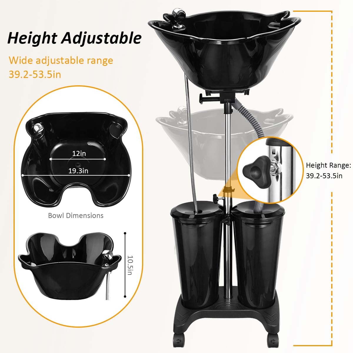 Portable Shampoo Bowl with Electric Pump - Adjustable Height Salon Sink with 2 Buckets & Drain Hoses - Perfect for Home Hair Washing, Mobile Stylists & Beauty Professionals