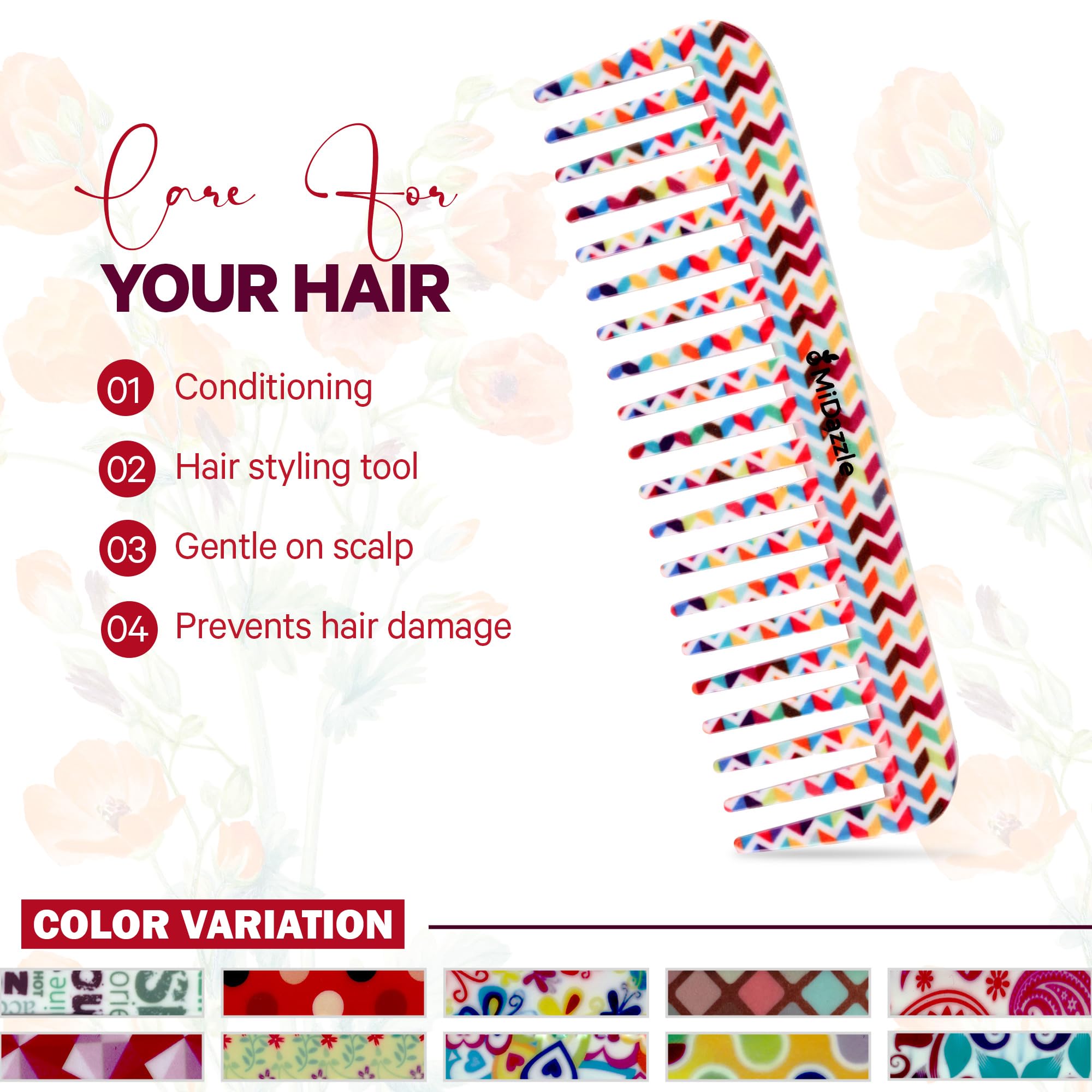 Midazzle 360 Floral Shampoo Comb - Medium Hair Detangling Brush for Wet & Dry Hair - Perfect for Salon, Home Use & Travel