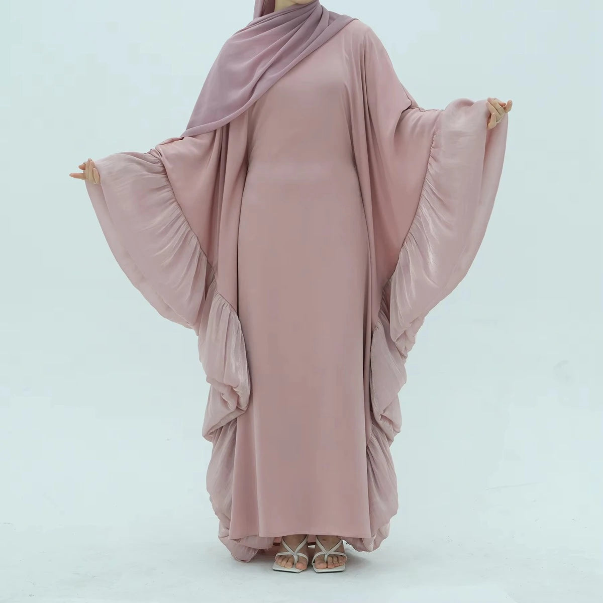 Elegant Butterfly Sleeve Farasha Abaya Dress with Inner Belt #25951 - Modest Muslim Women's Prayer Dress for Mosque & Special Occasions