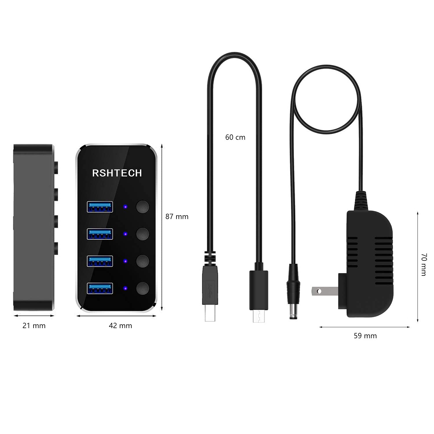 4-Port USB C Hub with On/Off Switches - Fast Charging for Laptop & Mobile
