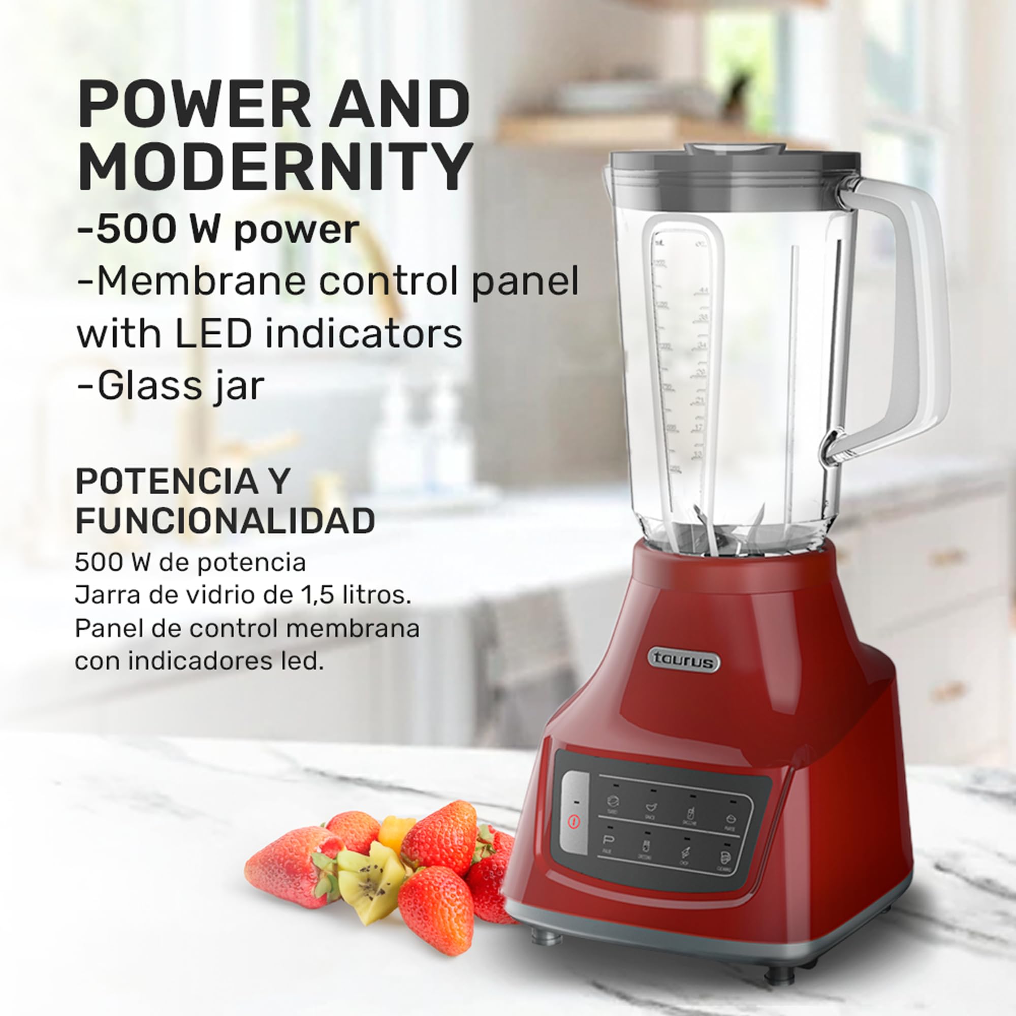 Taurus GRANDEUR TOUCH 48 oz (1.5L) Countertop Blender - 8 Speeds, Smart Touch Controls, 6 Pre-Set Programs, Turbo & Pulse - Durable BPA-Free Jar for Smoothies, Sauces, Soups & Ice Crushing - Perfect for Kitchens, Restaurants & Healthy Lifestyles