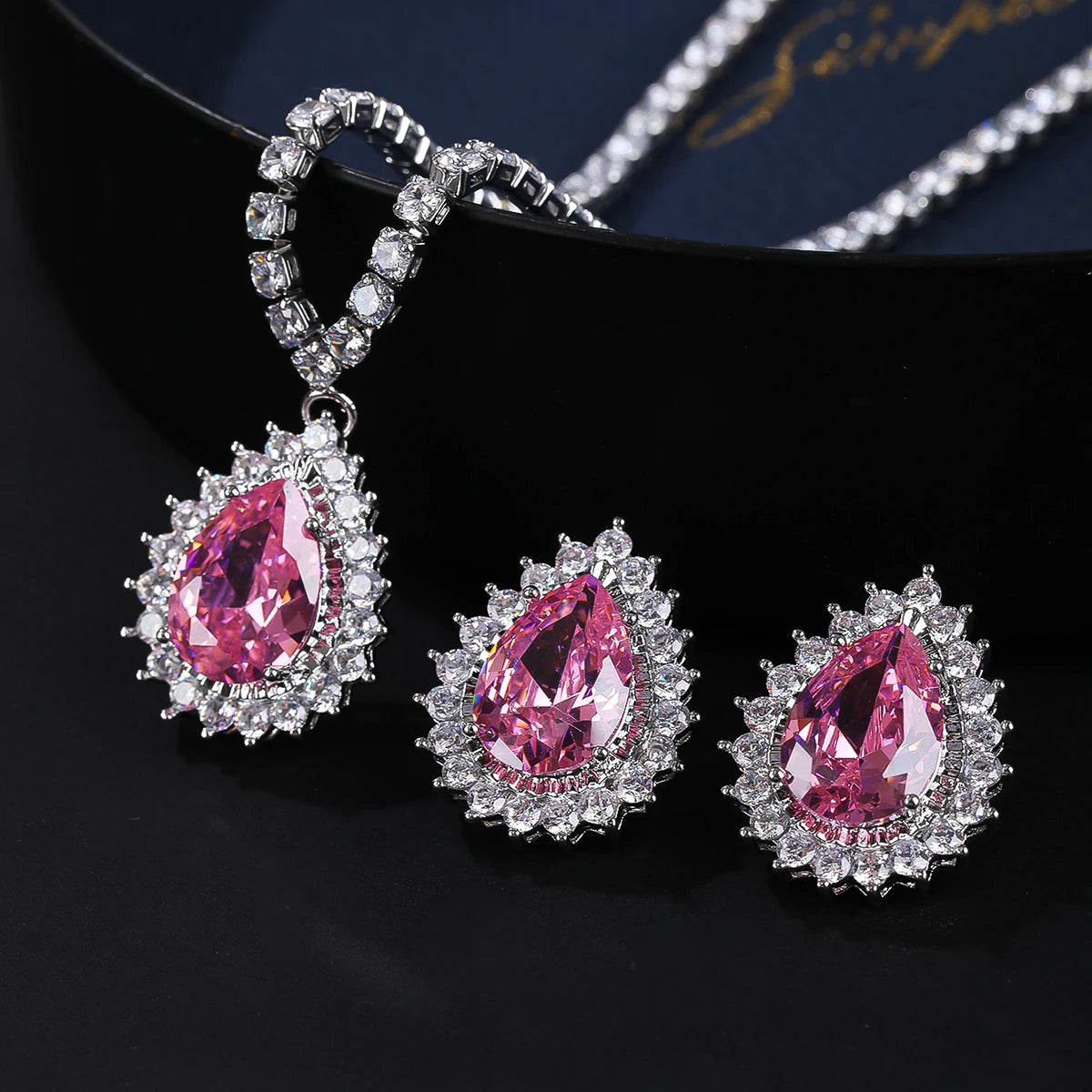 Elegant Big Light Green Pink White Water Drop CZ Crystal Necklace Earrings Set for Women - Engagement Party Wedding Costume Jewelry - Perfect for Bridal Shower, Prom, Evening Gala & Special Occasions