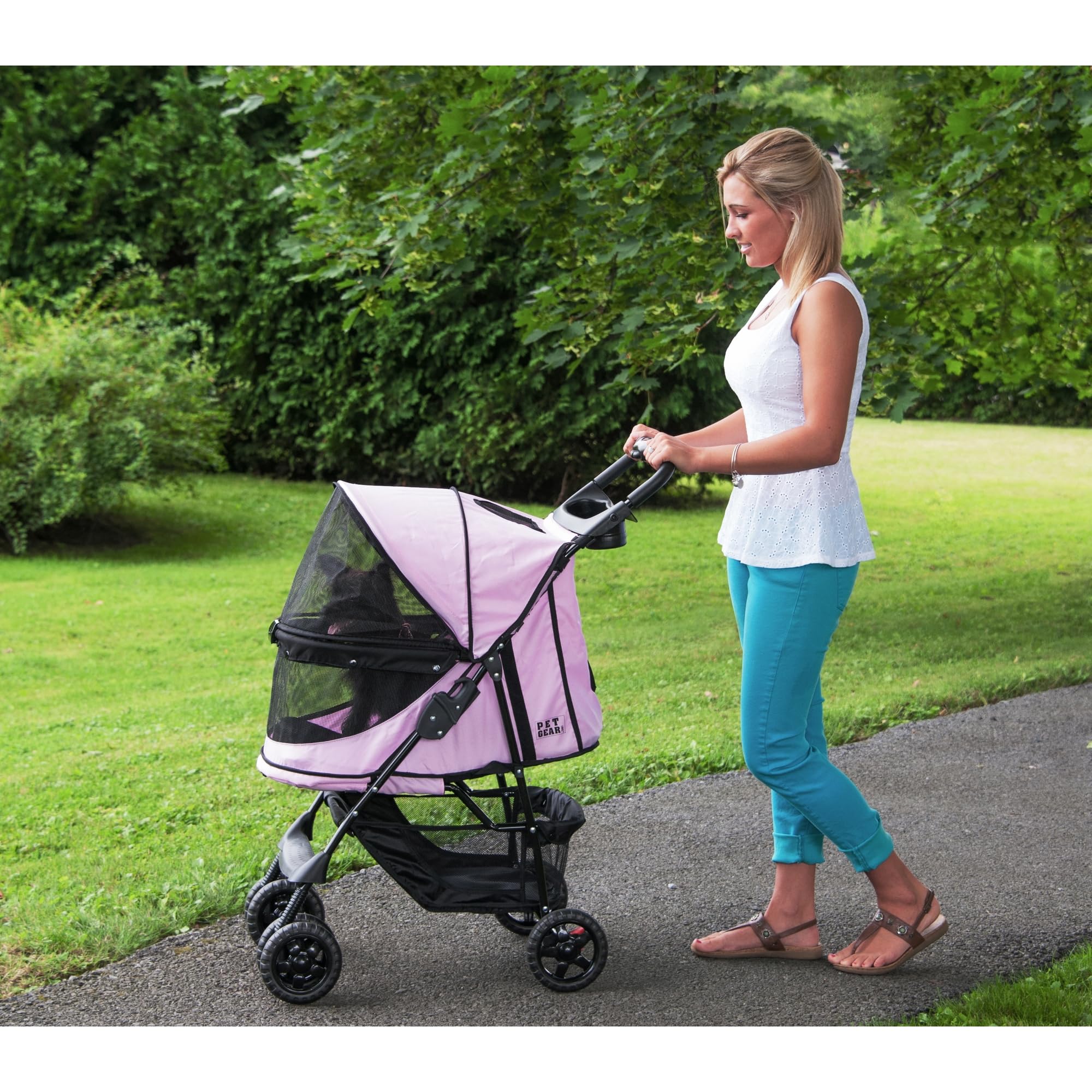 Pet Gear No-Zip Happy Trails Pet Stroller for Small Dogs & Cats - Zipperless Entry, Foldable Design with Removable Washable Liner, Safety Tether, Storage Basket & Cup Holder - Blush Pink (Perfect for Vet Visits, Park Walks & Shopping Trips)