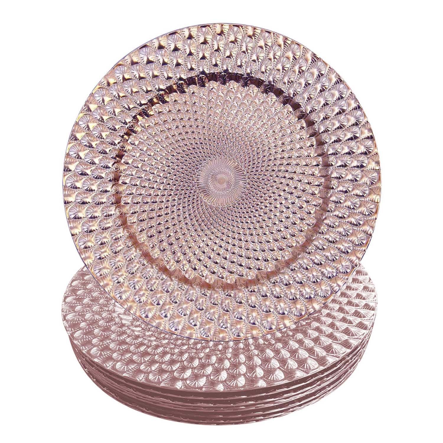 WELMATCH 12-Pack Rose Gold Plastic Peacock Charger Plates - 13 Inch Round Decorative Dinner Plates for Wedding, Party, and Special Events - Elegant Table Setting for Anniversary, Bridal Shower, and Holiday Celebrations