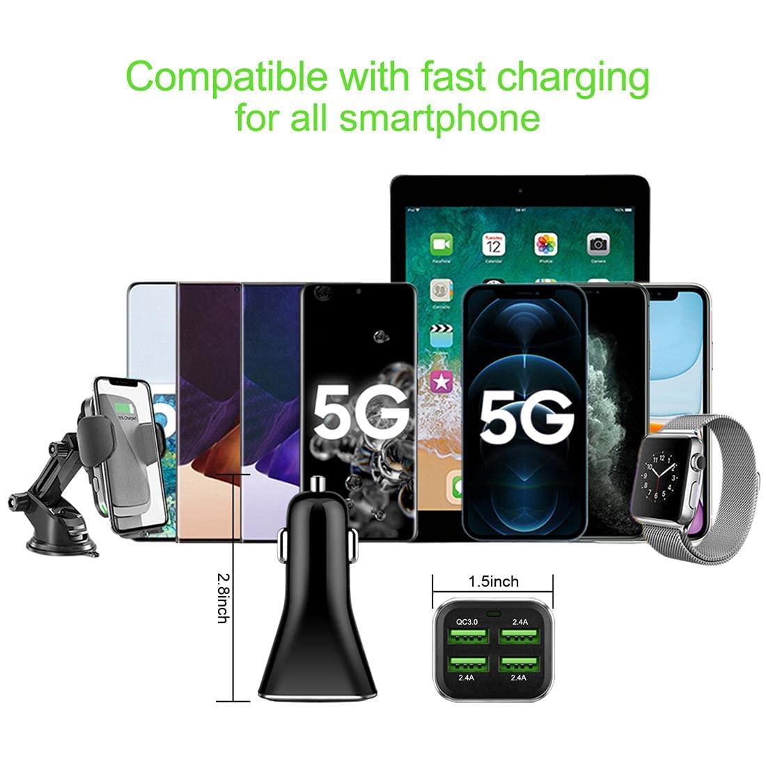Fast Charging USB Car Charger Adapter - QC 3.0 48W 4-Port Multi Charger with 9.6A Output for iPhone, Samsung, Android Smartphones [2 Pack] - Perfect for Road Trips, Commuting & Family Travel