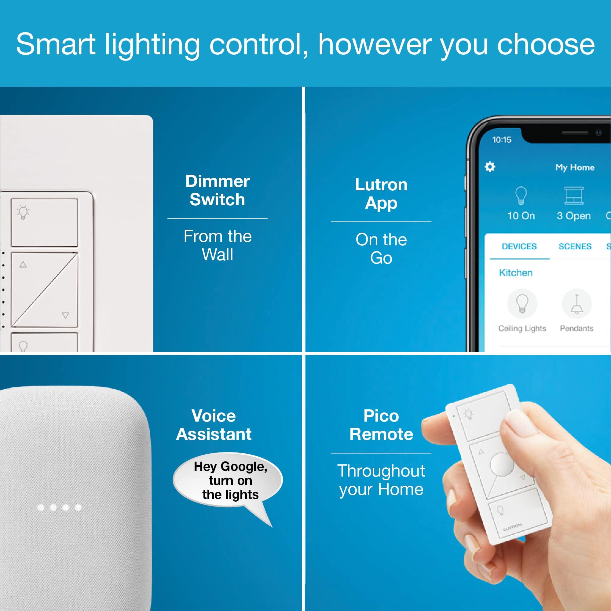 Lutron Caseta Deluxe Smart Dimmer Switch Kit with Wireless Remote - White | Works with Alexa, Apple HomeKit | 3-Way Switch Compatible | P-BDG-PKG2W-A & P-PKG1WS-WH | Perfect for Smart Home Lighting Control in Living Room, Bedroom, or Office