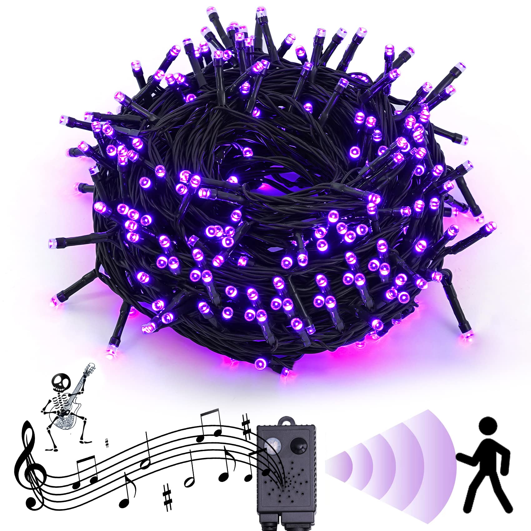 Rotu 300 LED Halloween String Lights - 114.8 ft Outdoor Waterproof Fairy Lights with Music Sync & Spooky Sounds for Yard, Porch, Haunted House - Purple Halloween Decorations | Perfect for Halloween Parties, Home Decoration & Outdoor Lighting
