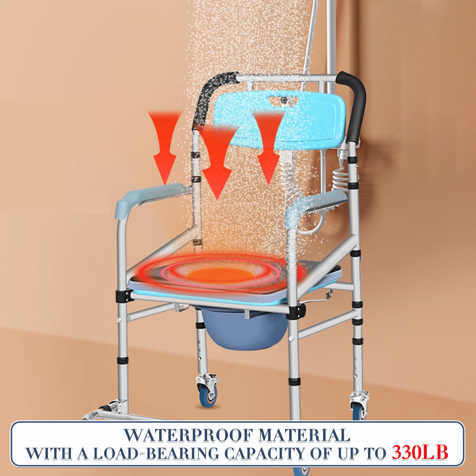 Shower Chair with Wheels - 330 lbs Weight Capacity Rolling Bath Commode for Elderly & Disabled - Adjustable Height Toilet Safety Chair for Home & Hospital Use (White)