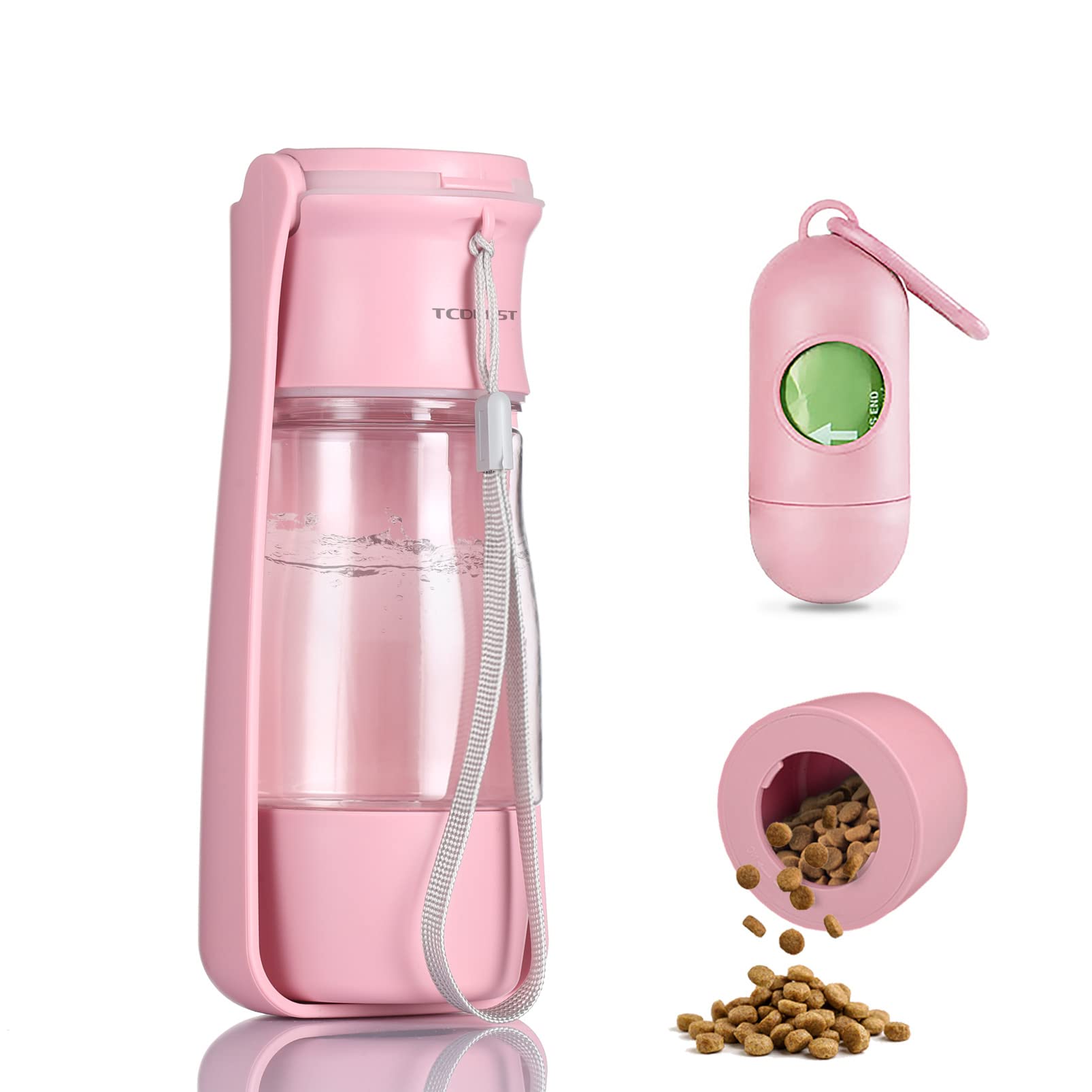 TCDBEST 3-in-1 Portable Dog Water Bottle with Foldable Bowl & Snack Container - 11oz Leak-Proof Pet Travel Water Dispenser for Walking, Hiking, Camping (Pink) - Perfect for Outdoor Adventures with Your Puppy