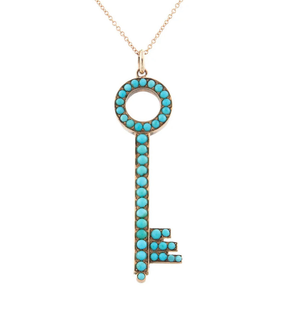 Victorian Style 14K Rose Gold & Persian Turquoise Key Pendant Necklace for Women - Elegant Jewelry Gift for Birthday, Anniversary & Special Occasions