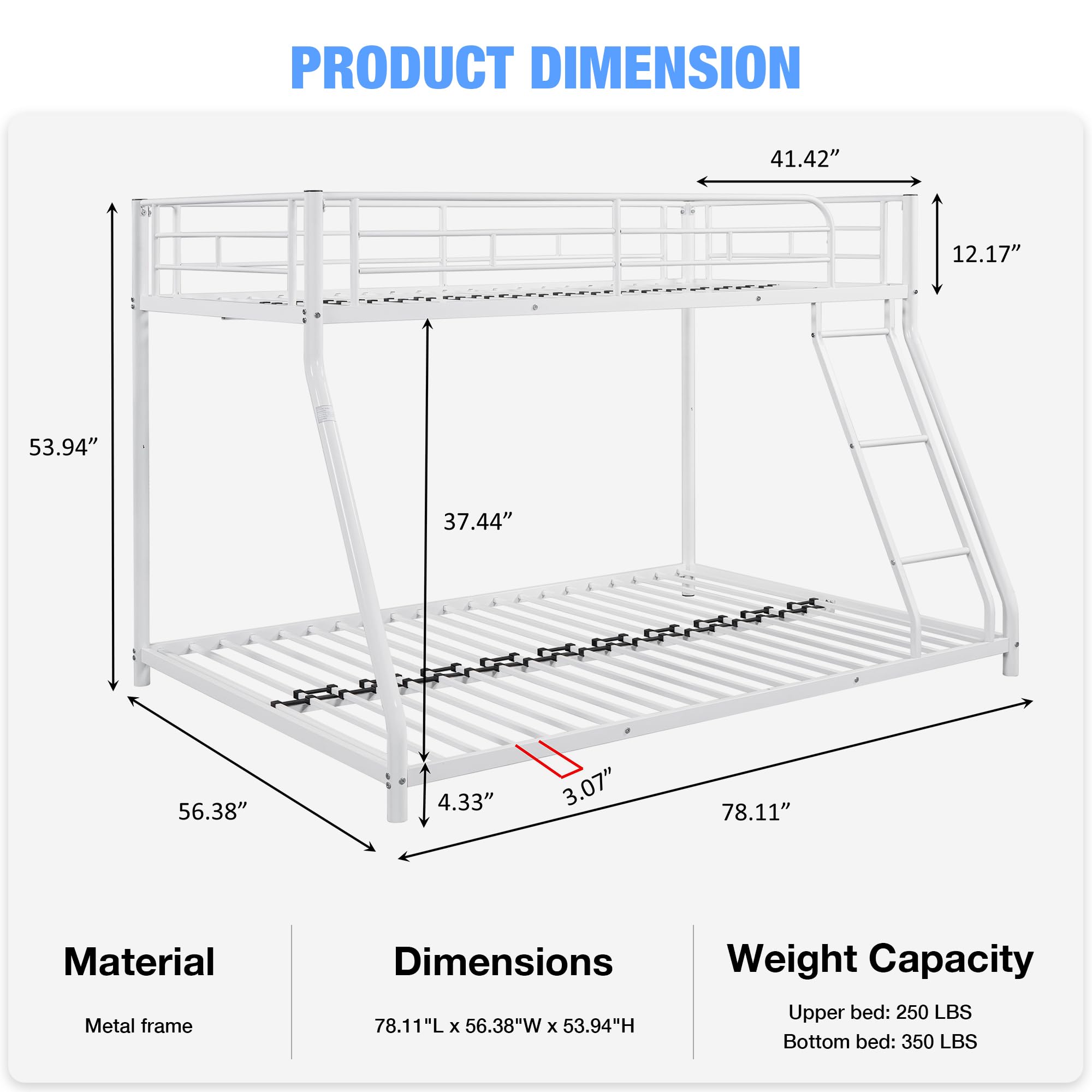 Twin Over Full Bunk Bed with Ladder & Full-Length Guardrail - Sturdy Metal Frame, No Box Spring Needed, Quiet Design - Perfect for Kids' Bedrooms, Guest Rooms & Space-Saving Small Apartments