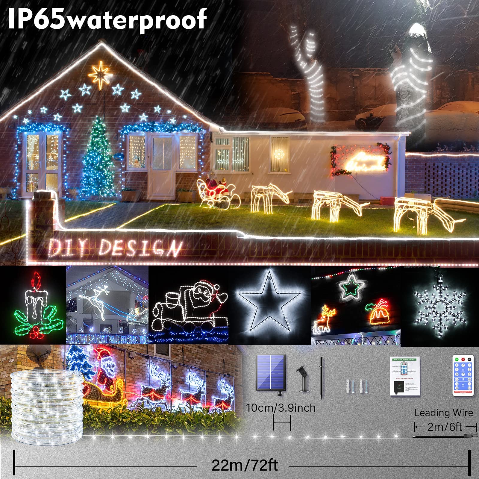 200 LED Solar Rope Lights Outdoor Waterproof - 72ft Solar String Lights with Remote Control | Cool White Solar Tube Fairy Lights for Garden, Pool, Fence, Path, Wedding & Party Decorations | Perfect for Backyard, Patio, Landscape Lighting