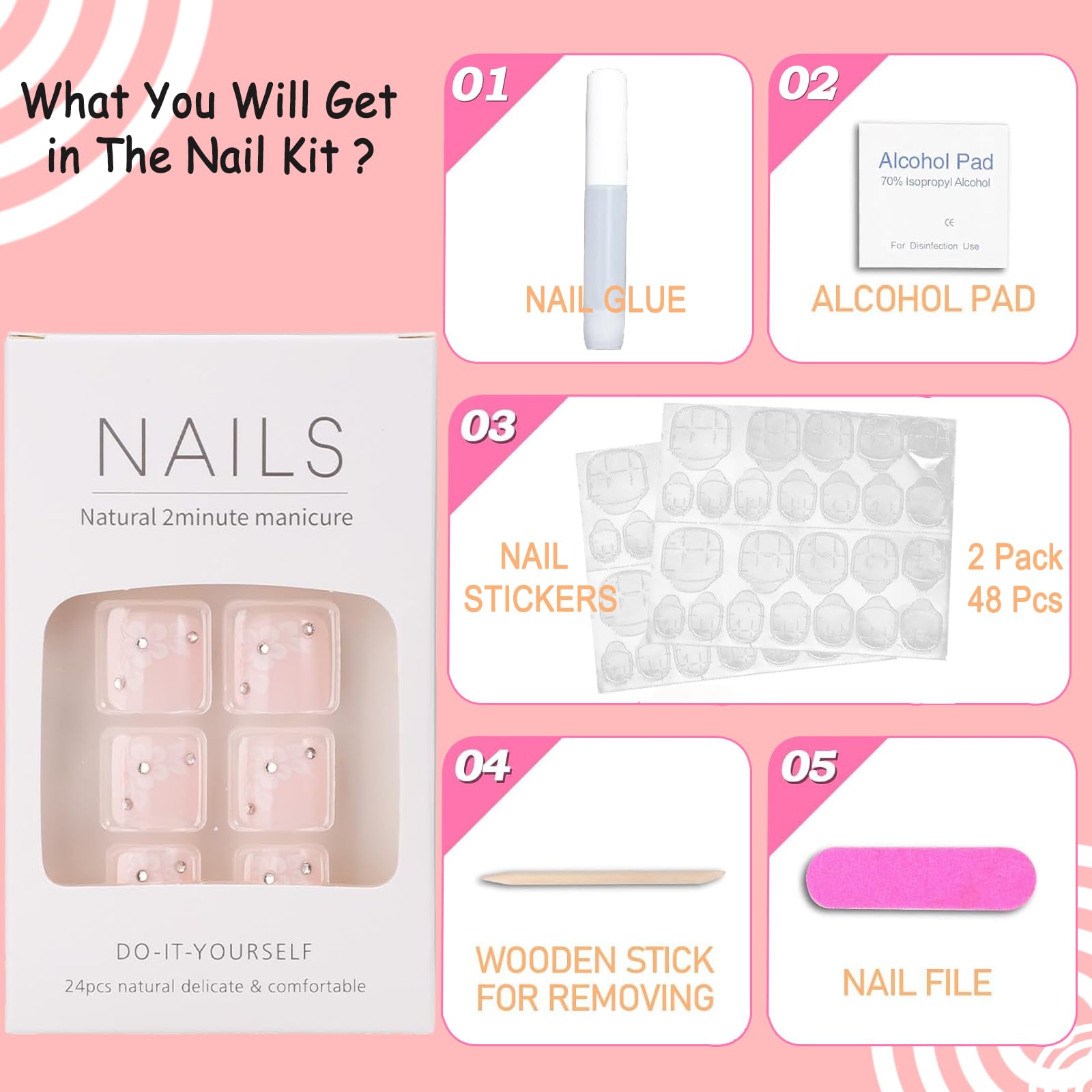 24 Pcs Short Square French Tip Press On Toenails with Floral Accents - Pink Gradient Fake Toenails Kit for Women | Easy Glue-On Application | Perfect for Pedicures, Summer Sandals & Special Occasions