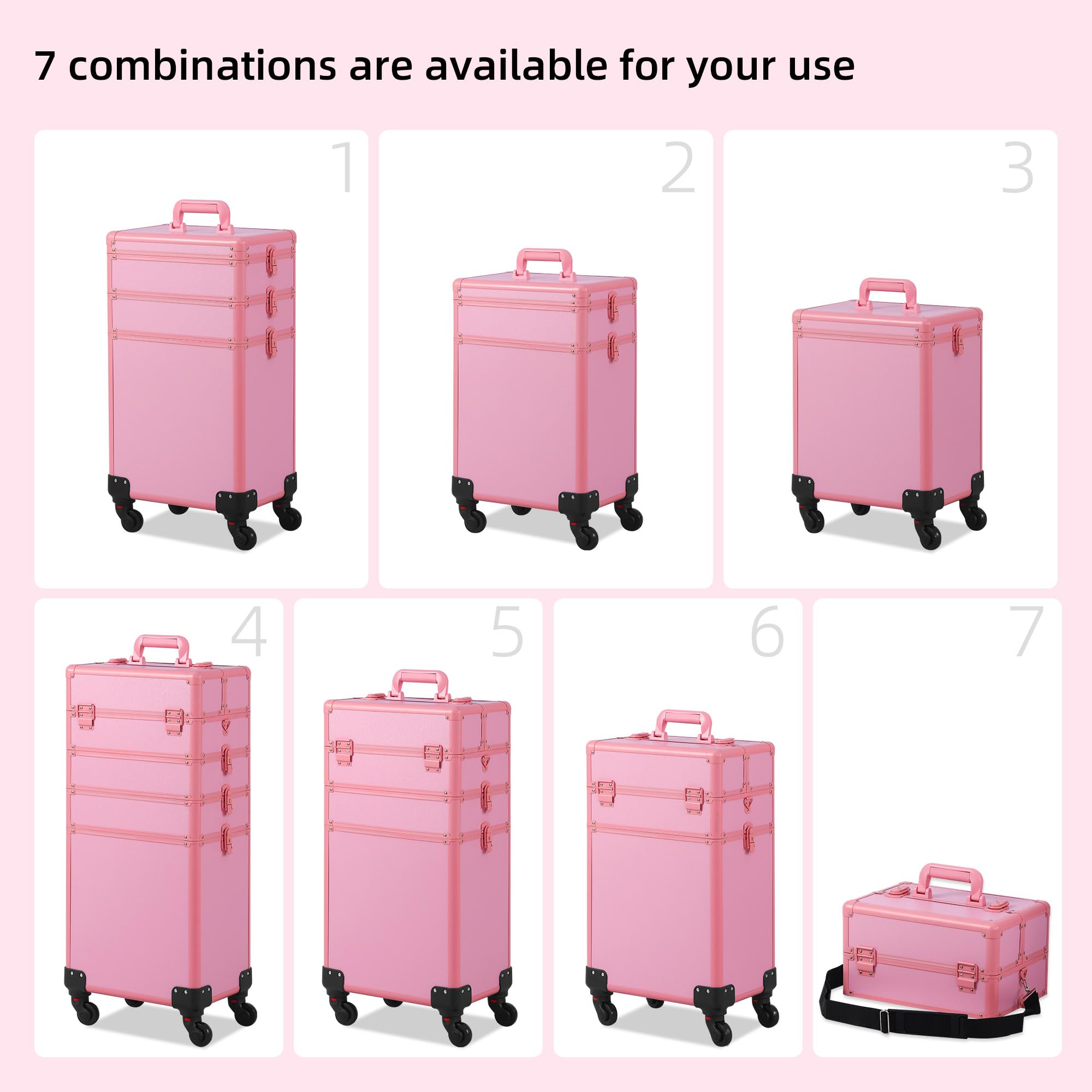 Professional Rolling Makeup Train Case with Lid - 5-in-1 Cosmetic Organizer on Wheels for Salon, Barber & Travel | Large Pink Cosmetology Case | Perfect Christmas Gift for Makeup Artists & Stylists
