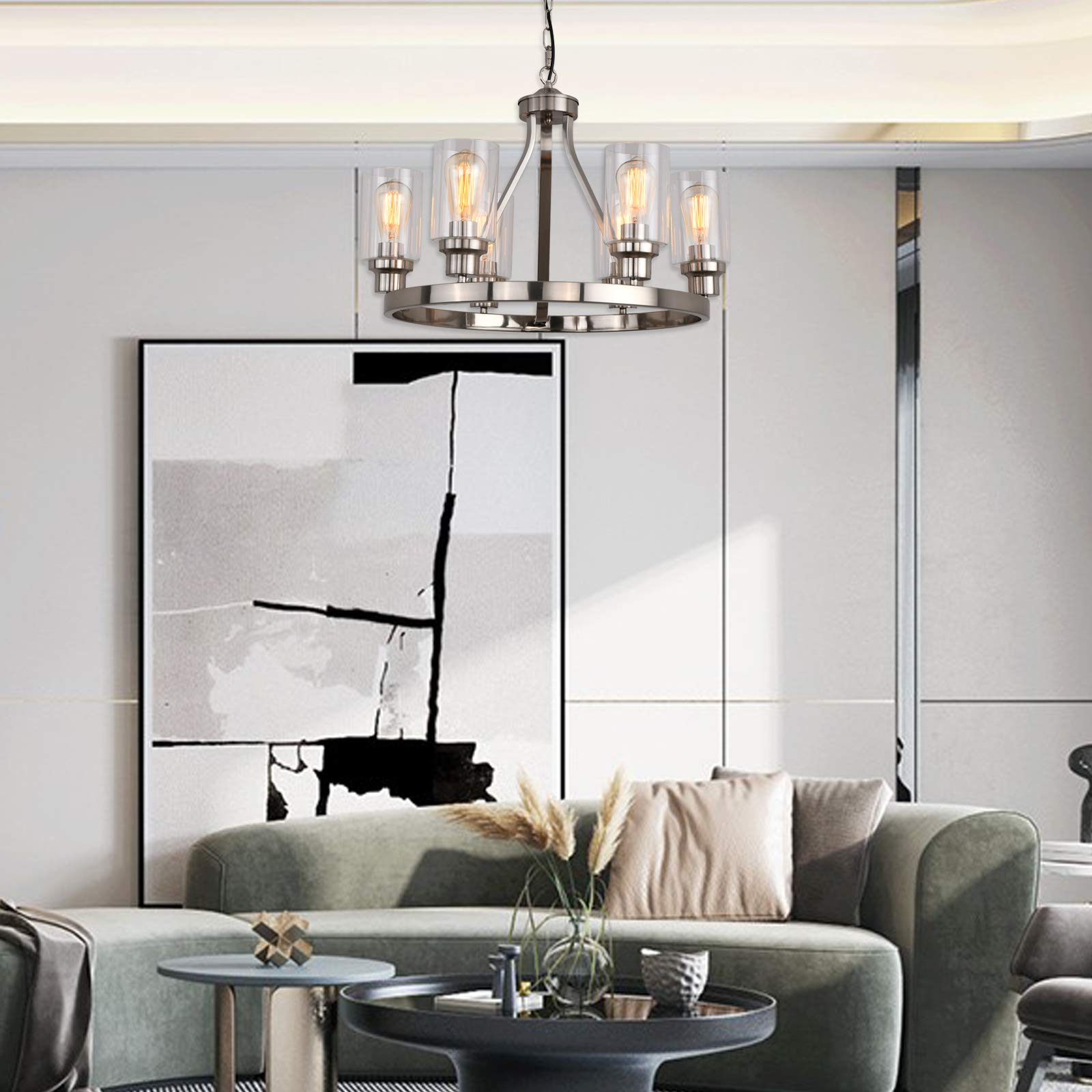 Modern 6-Light Brushed Nickel Chandelier with Glass Pendants - Elegant Dining Room Lighting Fixture for Kitchen, Living Room & Bedroom - Perfect for Family Dinners, Entertaining Guests & Cozy Home Decor