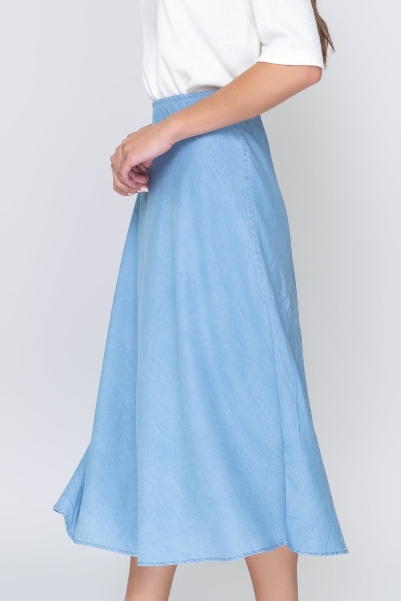 DAKOTA DENIM CHAMBRAY SKIRT for Women | Casual A-Line Midi Skirt with Pockets | Perfect for Spring Outfits, Office Wear & Weekend Brunch