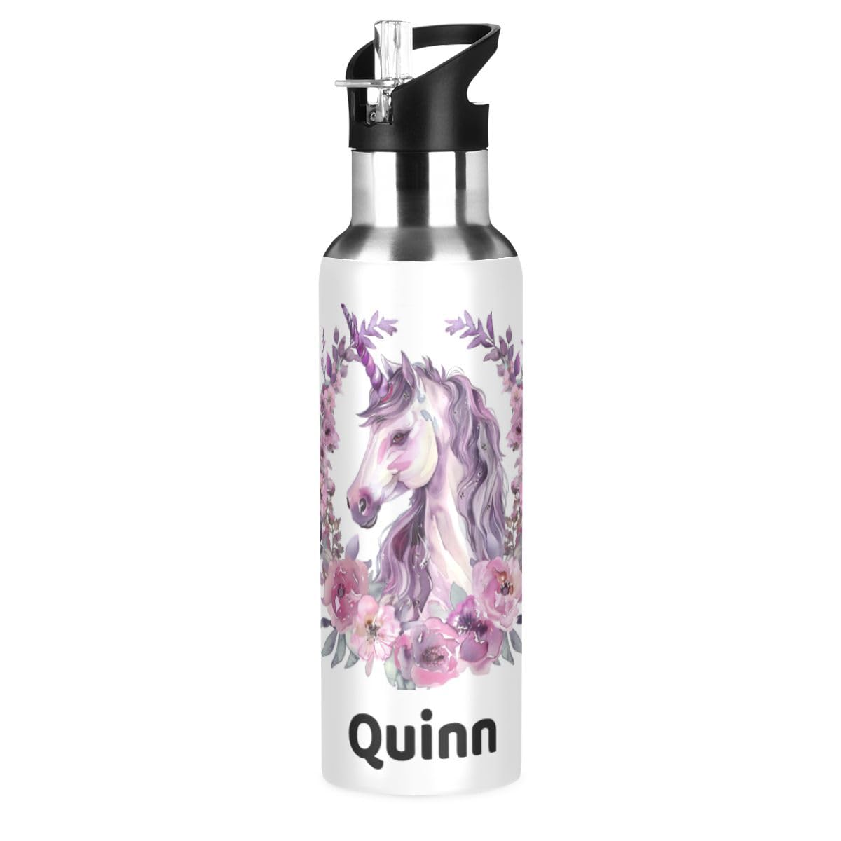 Personalized Floral Unicorn Stainless Steel Water Bottle 20 oz - Custom Name Insulated Double Wall Sport Flask for Kids, Gym, Hiking & Outdoor Activities