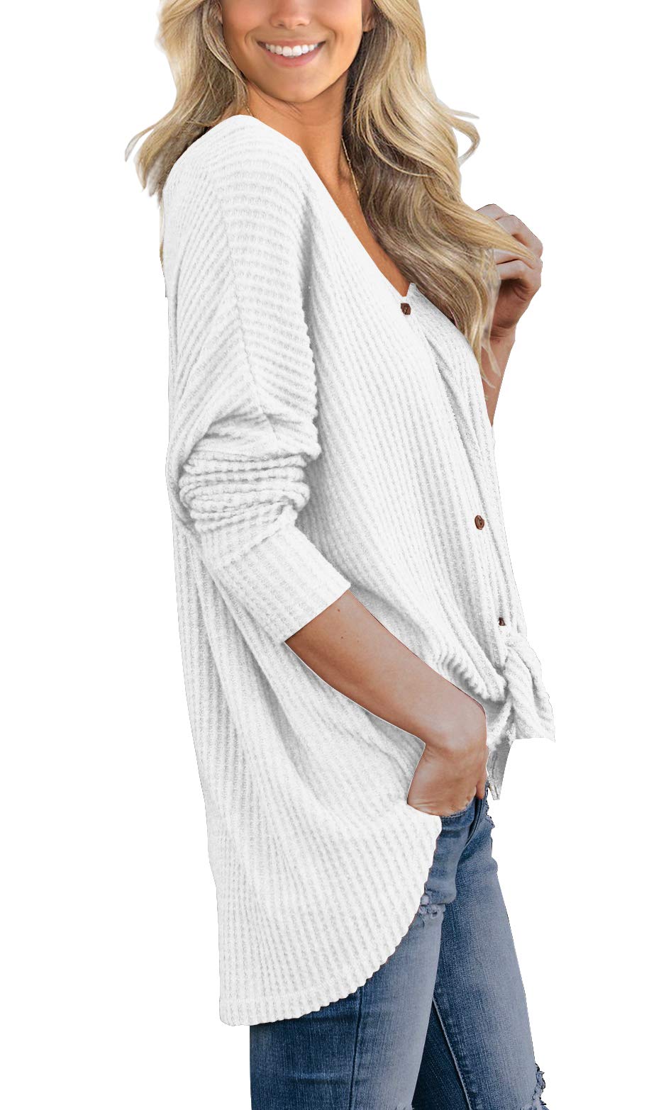 IWOLLENCE Women's Waffle Knit Tunic Blouse - Tie Knot Henley Tops, Loose Fit Batwing Sleeve Casual Shirt for Women | Perfect for Work, Date Night & Everyday Wear