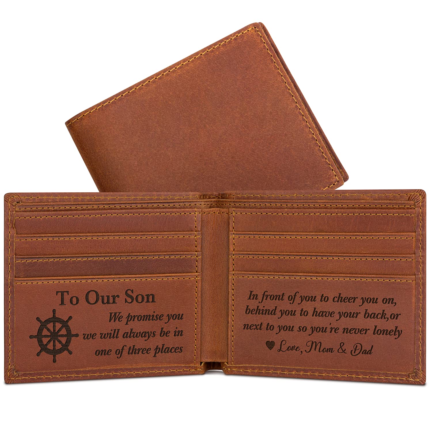 Personalized Leather Wallet for Son - Engraved Gift from Mom & Dad | Christmas, Birthday, Graduation Present | Durable RFID-Blocking Mens Wallet for Everyday Use & Special Occasions