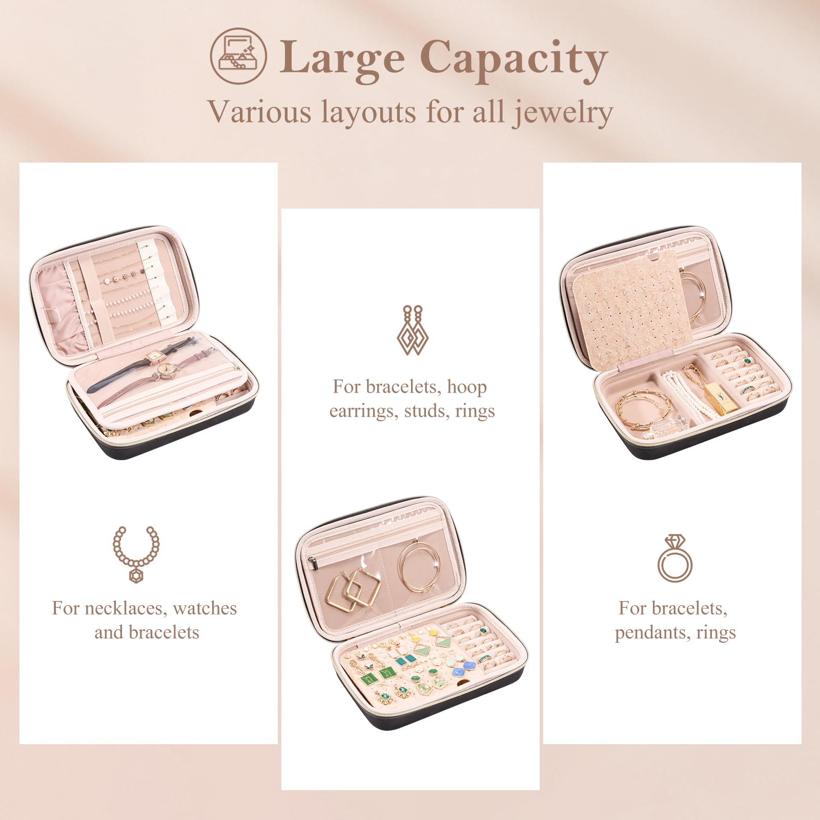 ProCase Large Travel Jewelry Organizer Case - Zippered Storage Book with Clear Pockets for Earrings, Necklaces, Bracelets - Perfect for Travel, Home Storage & Gift Presentation (Black, Non-Loose Leaf)