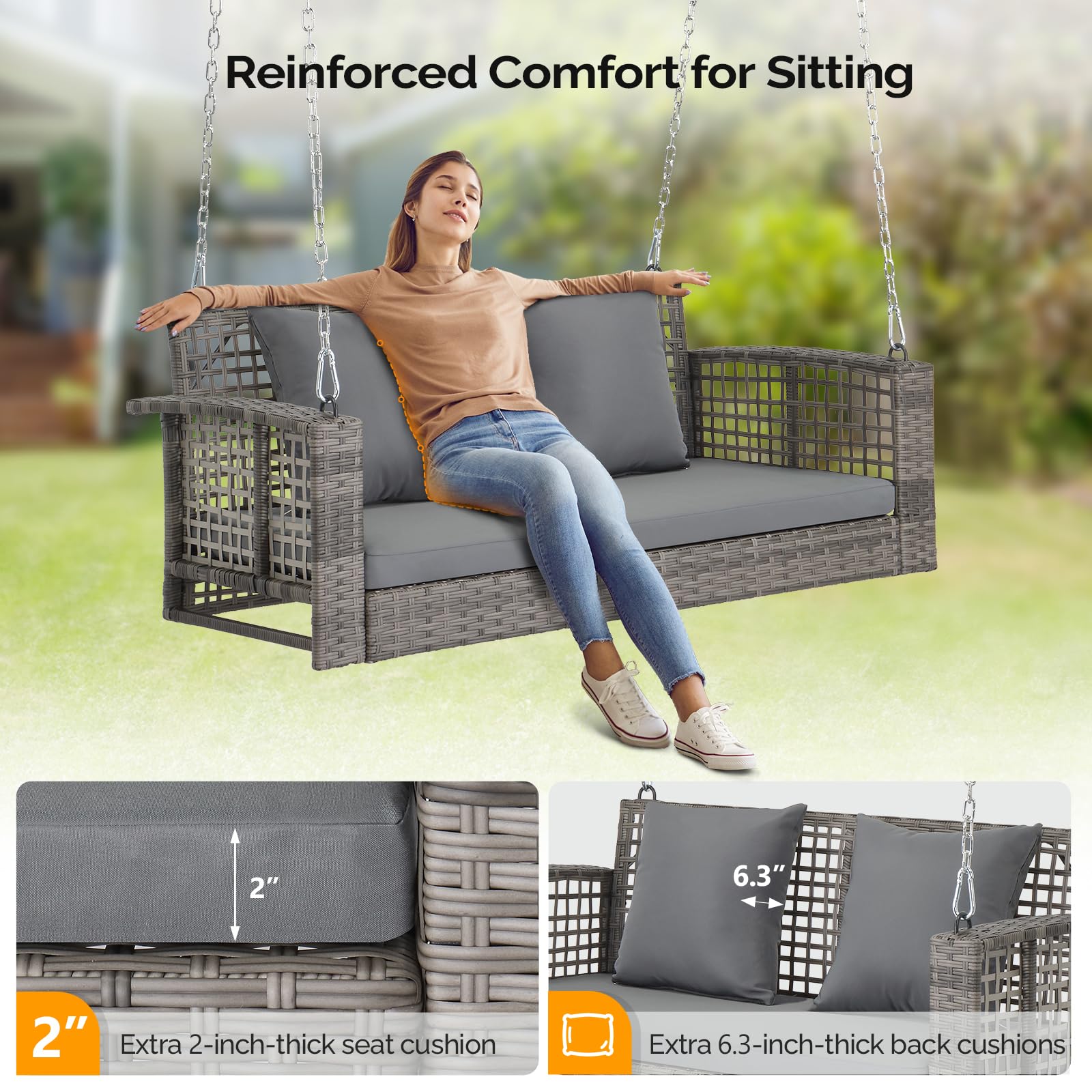 VINGLI 4 FT Outdoor Rattan Porch Swing with Cushions - 800 LB Weight Capacity, Adjustable Chains - Patio Wicker Swing Bench Chair for Garden, Yard, Lawn, or Tree (Grey) - Perfect for Relaxing on Your Porch, Deck, or Backyard Oasis