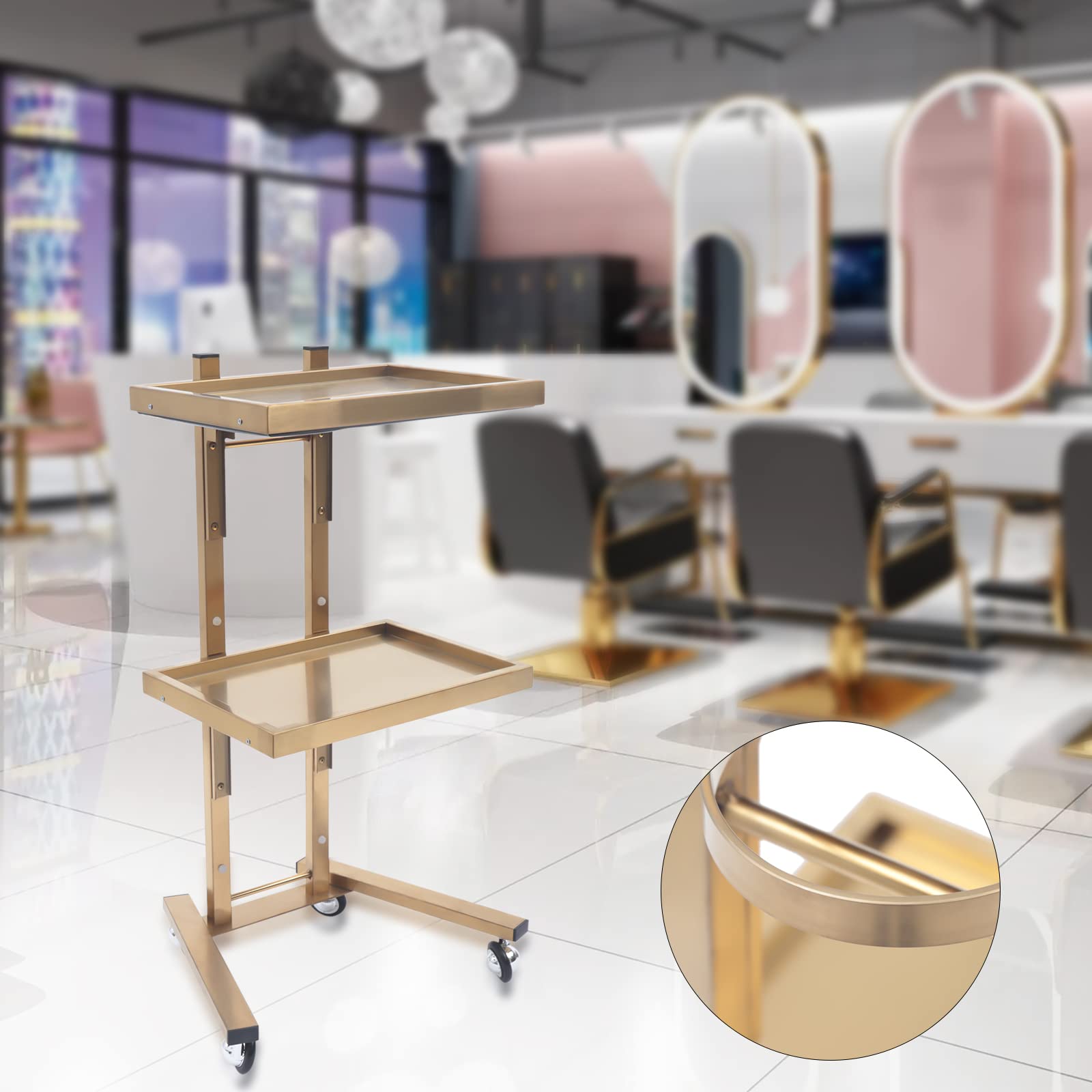 Premium 2-Tier Salon Rolling Cart - Beauty Spa Machine Holder & Storage Trolley for Salon, Studio, Clinic & Dental Office - Gold | Mobile Organizer for Hair Styling, Nail Art & Medical Equipment