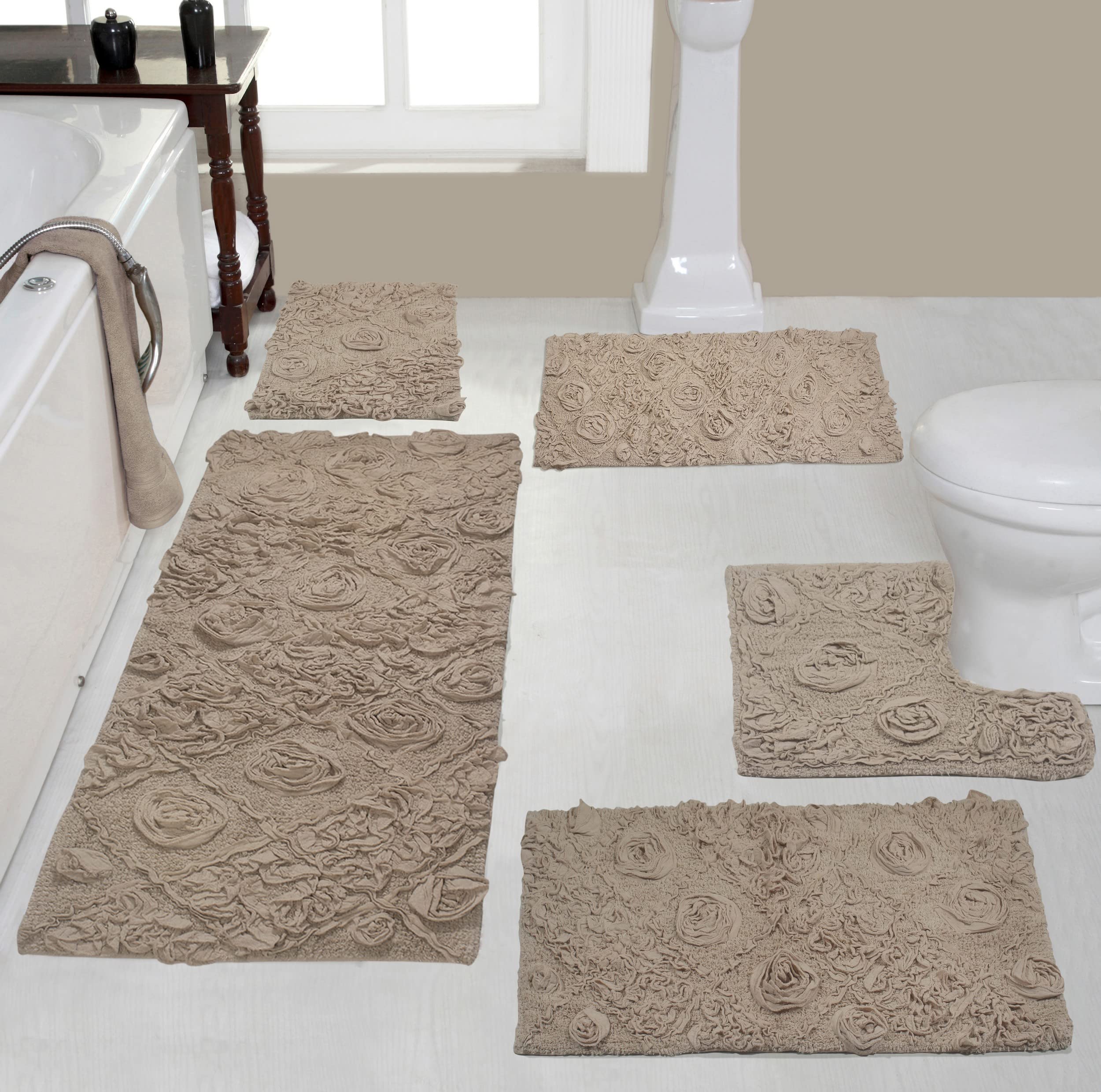 Home Weavers Modesto 100% Cotton 5-Piece Bath Rug Set - Ultra Soft, Absorbent & Washable Non-Slip Bathroom Mats for Shower, Tub & Vanity Areas - Includes Contour & Linen Bath Mats for Bathroom & Kitchen Floor Safety