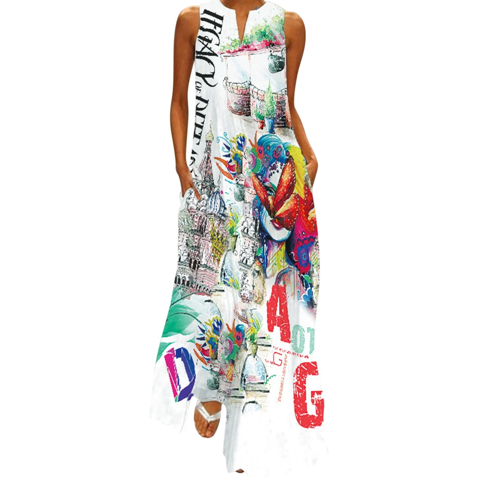 ZYAPCNGN Women's Sexy Fashion Dress - Digital Printing V-Neck Sleeveless Long Elegant Green Career Dress for Women | Office Wear, Cocktail Party, Evening Out