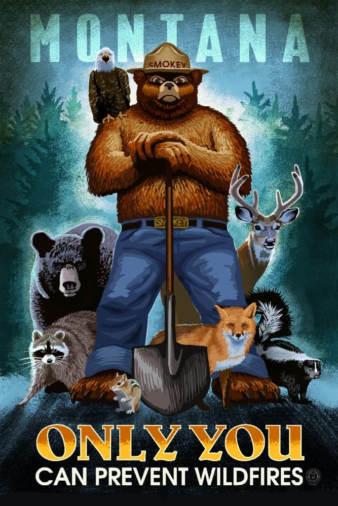 Lantern Press Montana - Smokey Bear and Friends 'Only You Can Prevent Wildfires' - 12x18 Premium Metal Wall Art for Home & Office Decor - Rustproof Aluminum Print - Perfect for Living Room, Bedroom, or Gift