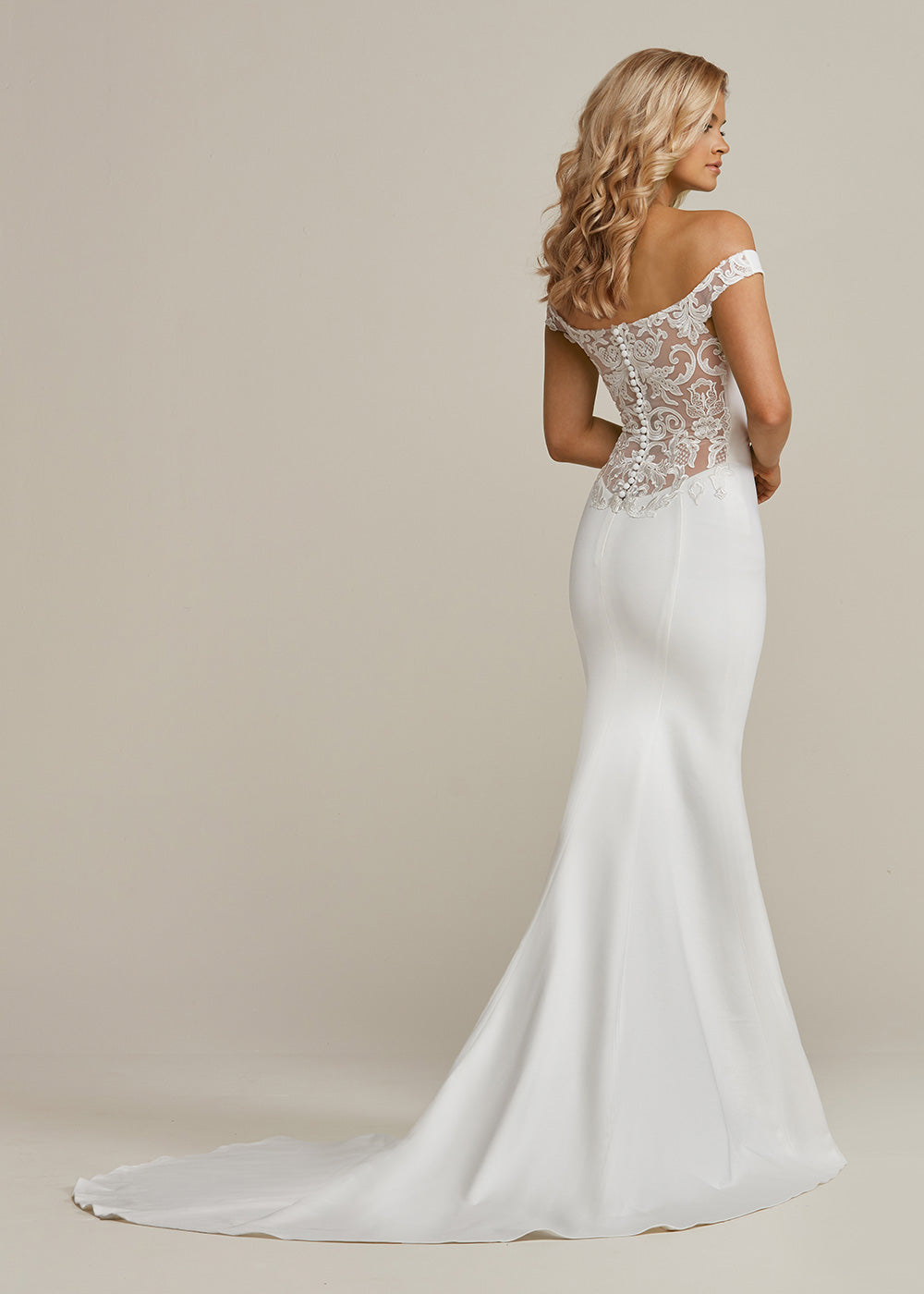 Ember Off The Shoulder Lace Wedding Dress with Button Up Back - Elegant Bridal Gown for Beach, Church and Outdoor Ceremonies