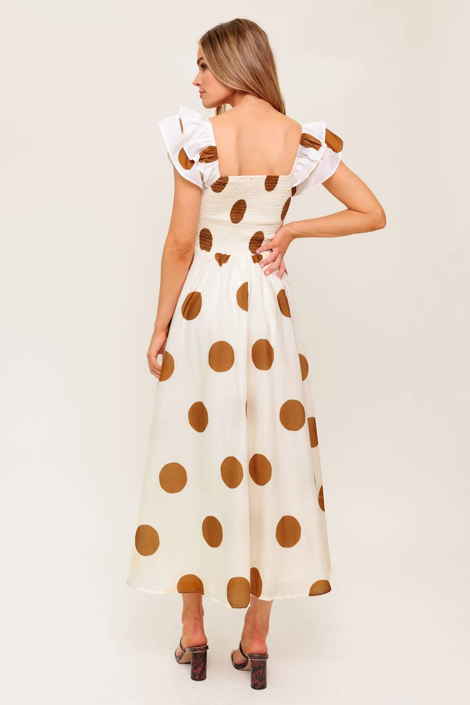 MOJITO MOOD Polka Dot Midi Dress in Camel - Flowy Summer Dress for Beach, Vacation & Casual Outings