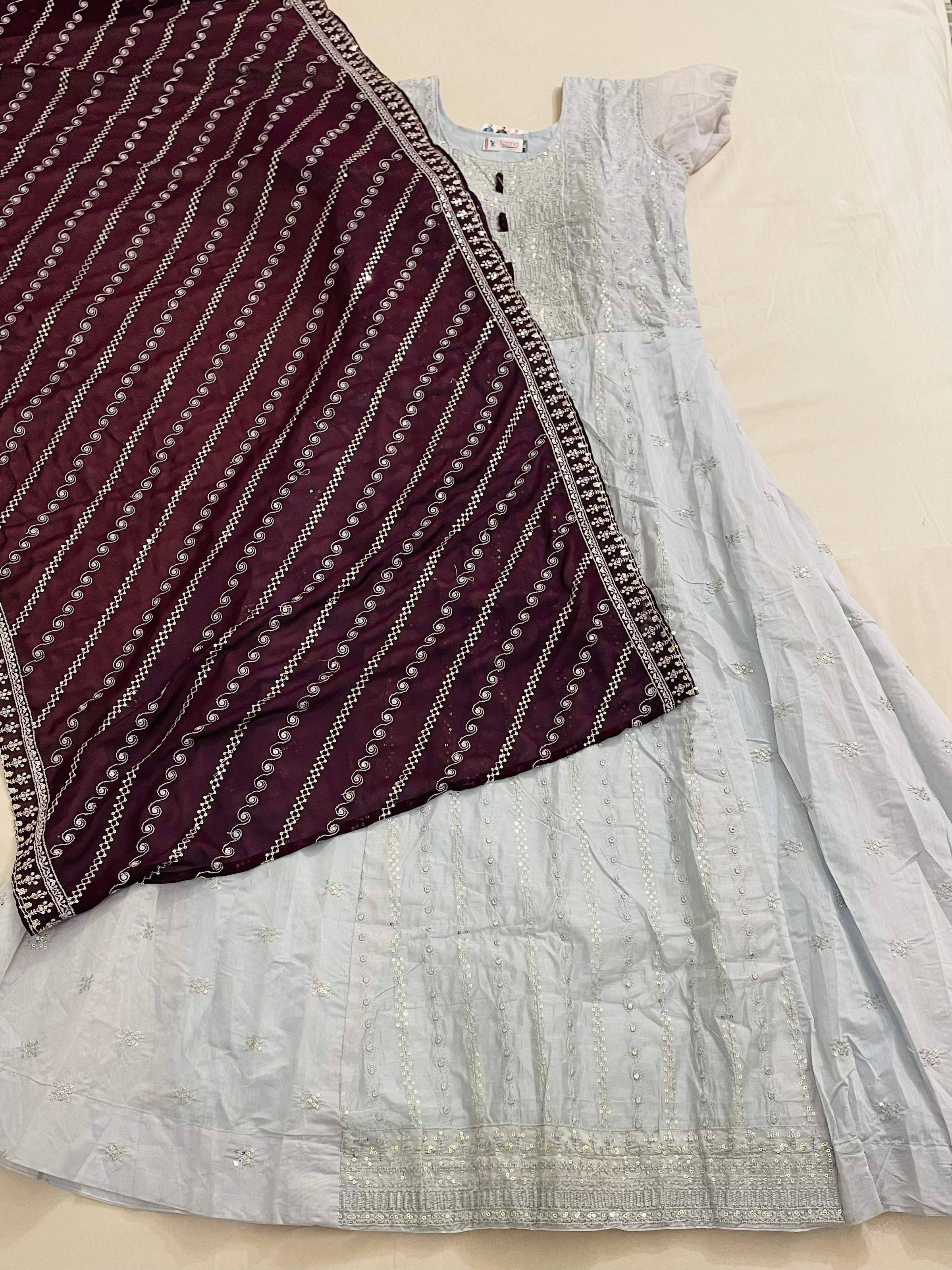 Elegant Gray and Dark Brown Long Dress with Dupatta for Women - Perfect for Weddings, Parties & Special Occasions
