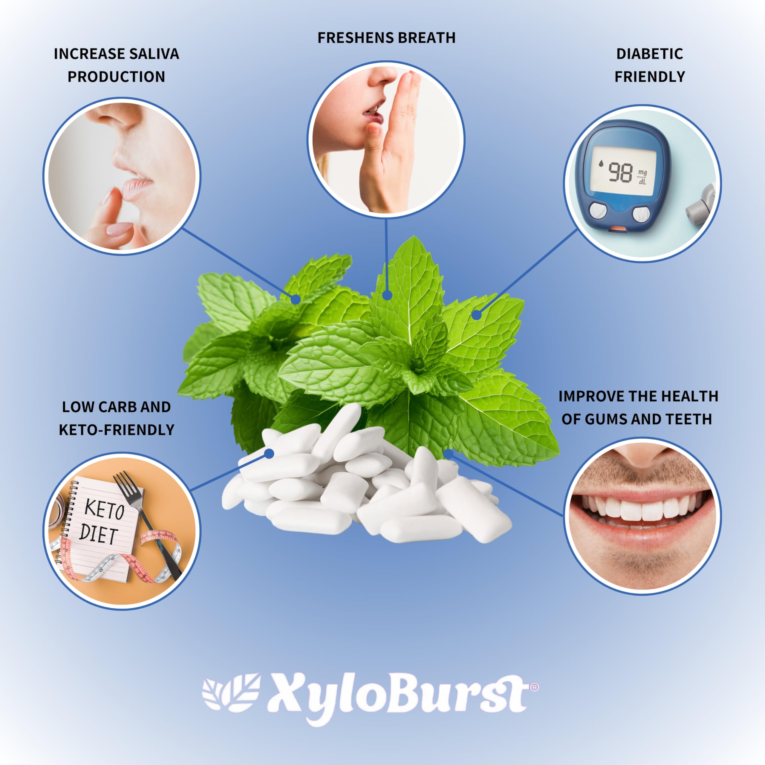 XyloBurst Xylitol Chewing Gum - Sugar Free, Gluten Free, Keto Friendly, Aspartame Free for Oral Health | Peppermint Flavor | 12 Pieces (Pack of 12) | Fresh Breath for Workouts, Meetings & Daily Use