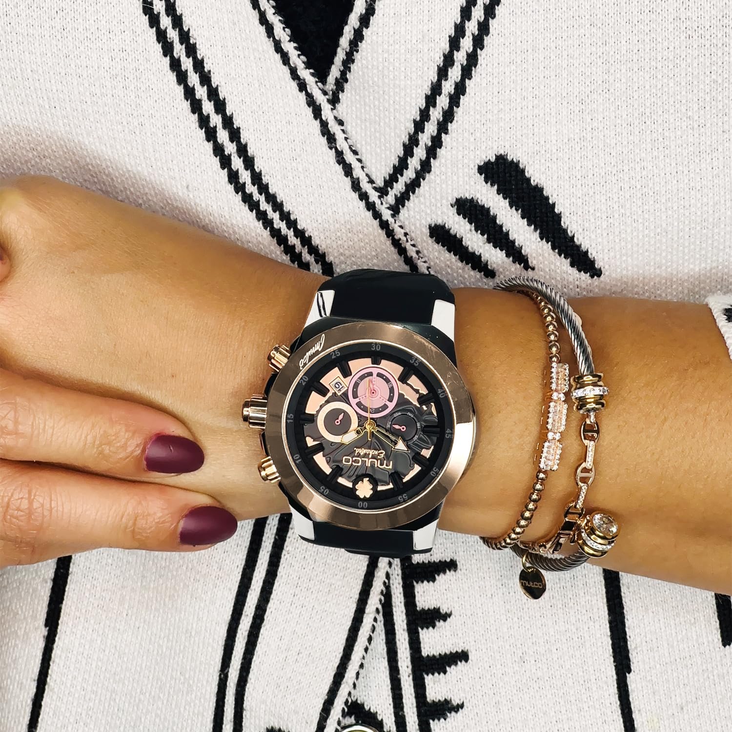 Elegant MULCO Women's Watches - Enchanted Maple Silver Stainless Steel Case with Silicone Band, Mother of Pearl & Rose Gold Dial, Quartz Movement, Waterproof - Perfect for Office, Date Night & Special Occasions