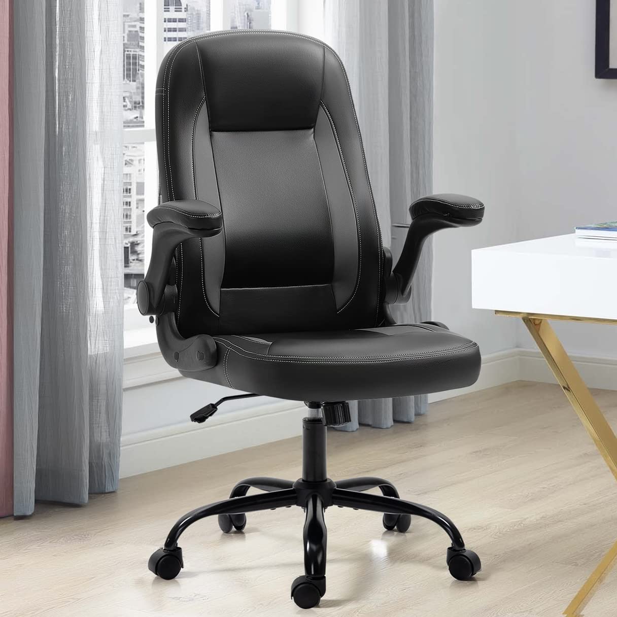 Premium Black Leather Executive Office Chair with Wheels & Adjustable Arms - Ergonomic Computer Desk Chair for Adults, Home & Office Use