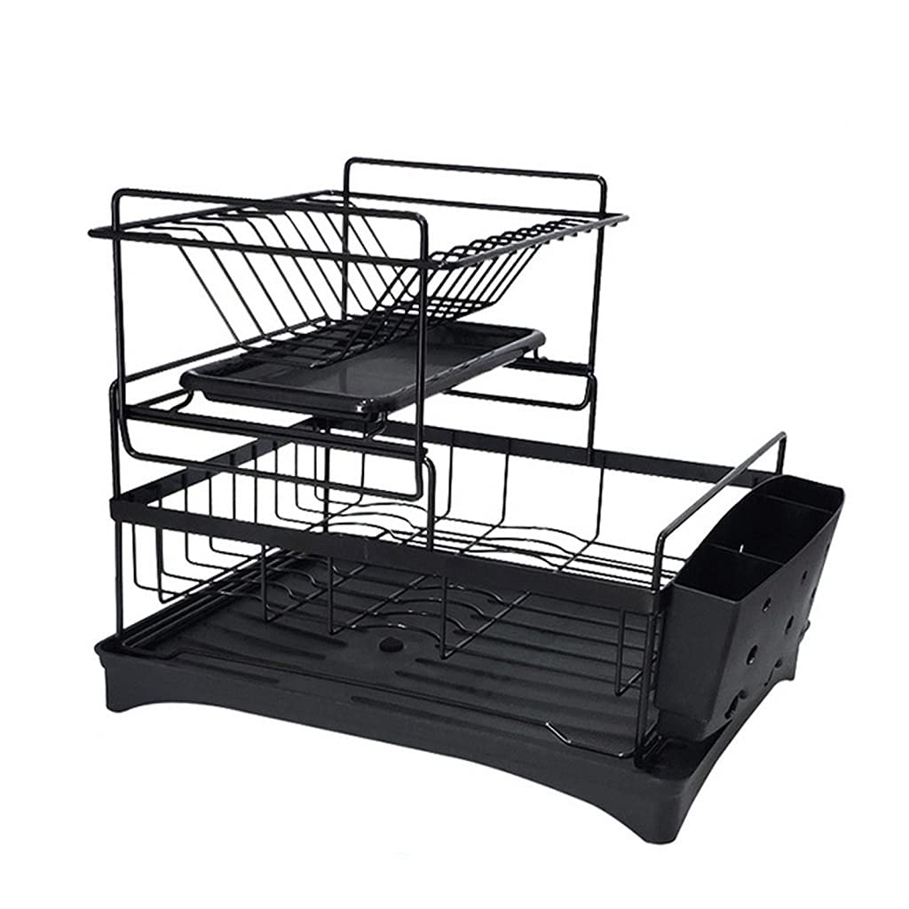 2-Tier Black Kitchen Dish Drain Rack with Detachable Drip Tray - Countertop Storage Organizer for Plates, Bowls & Utensils - Perfect for Small Spaces, Apartments & Compact Kitchens